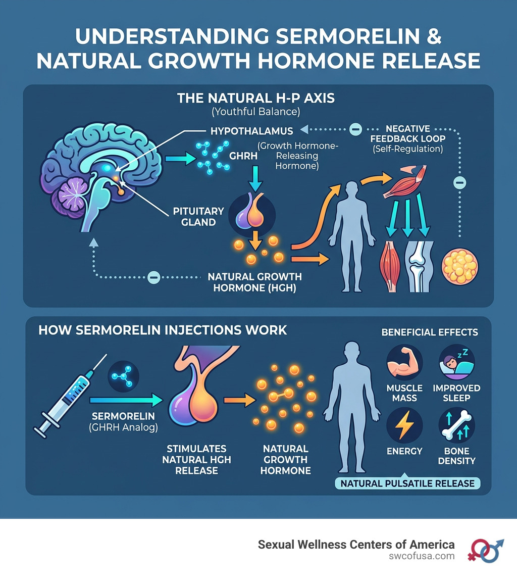 Infographic explaining the Hypothalamic-Pituitary Axis and how sermorelin stimulates natural growth hormone release