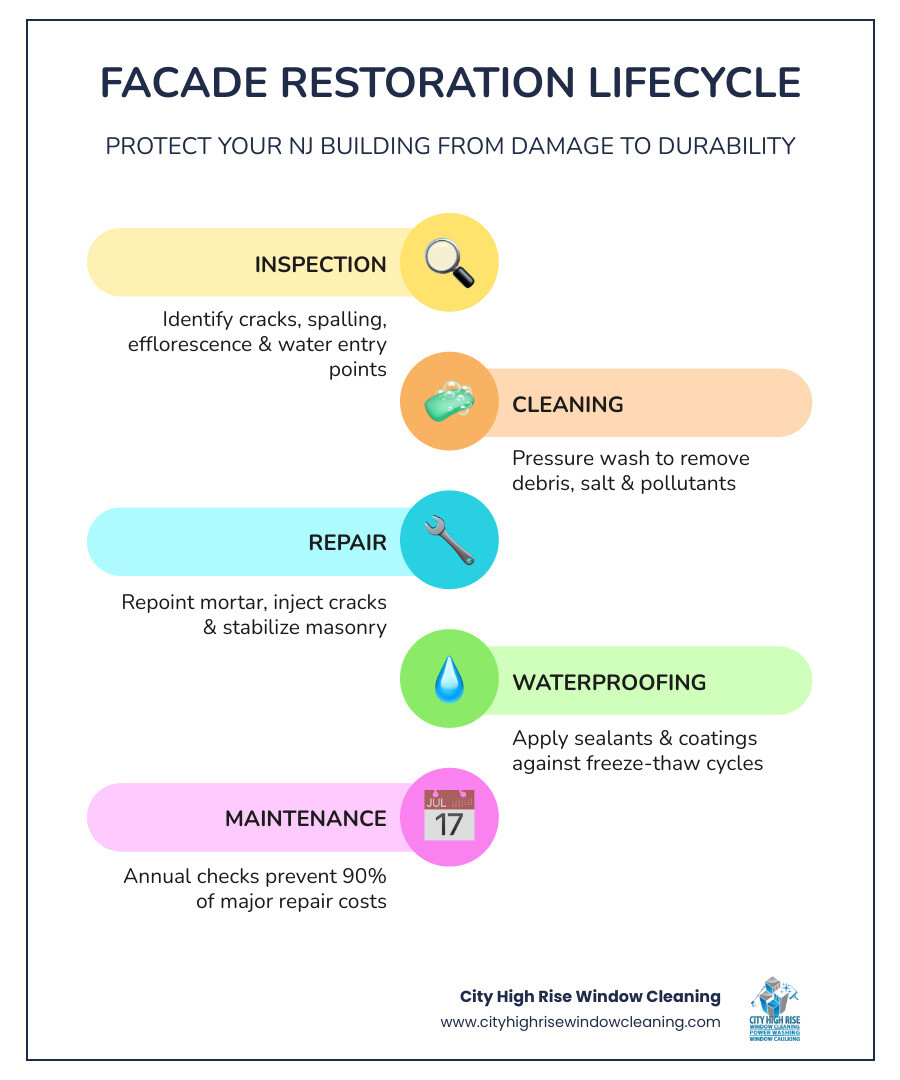 Facade restoration lifecycle infographic: inspection, repair, waterproofing, coating, maintenance schedule - building facade Facade restoration lifecycle infographic: inspection, repair, waterproofing, coating, maintenance schedule - building facade
