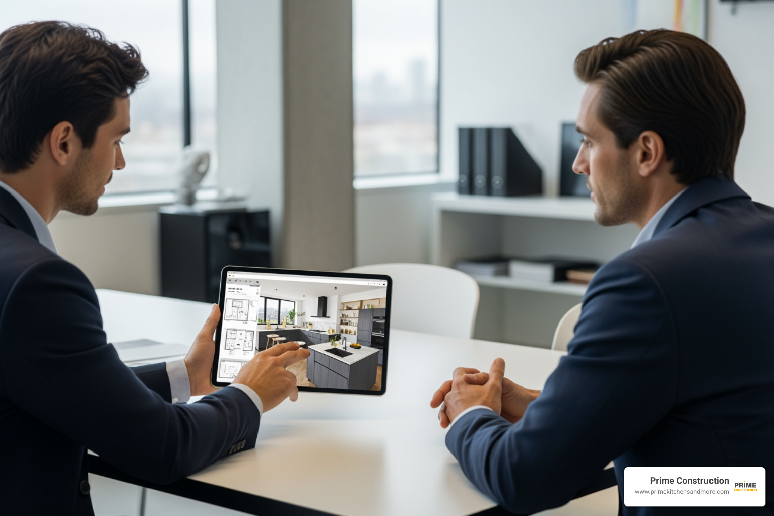 A professional kitchen design consultation showing 3D plans on a tablet - kitchen renovation in moss park