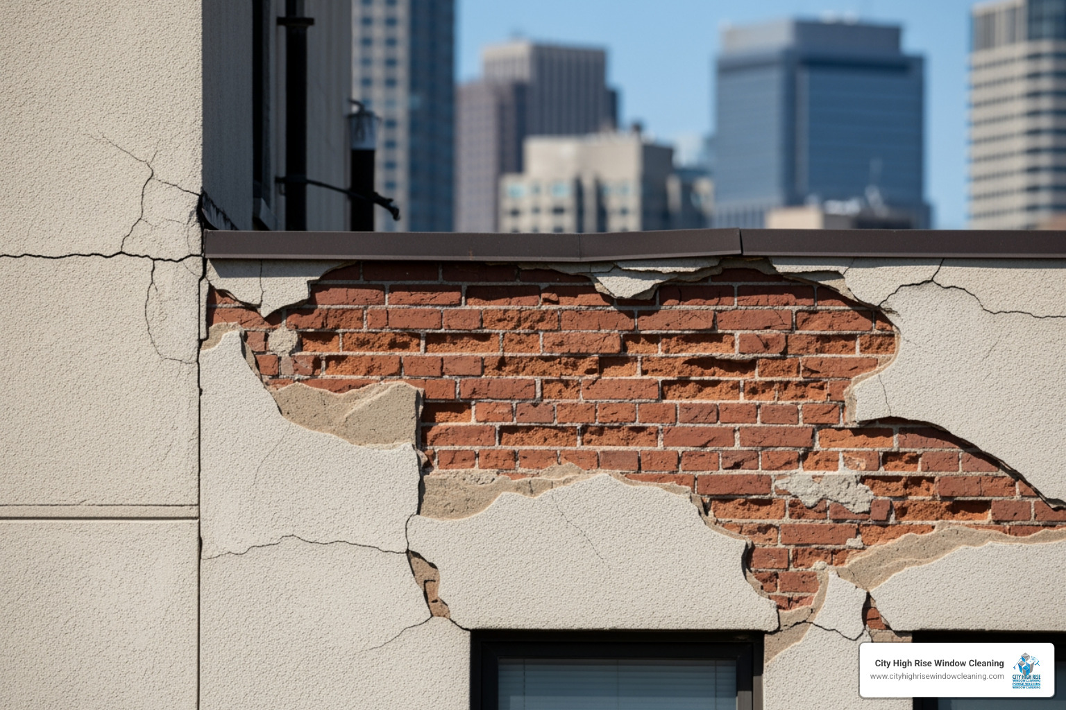 Spalling brick and cracked stucco on a building facade - building facade restoration new jersey Spalling brick and cracked stucco on a building facade - building facade restoration new jersey
