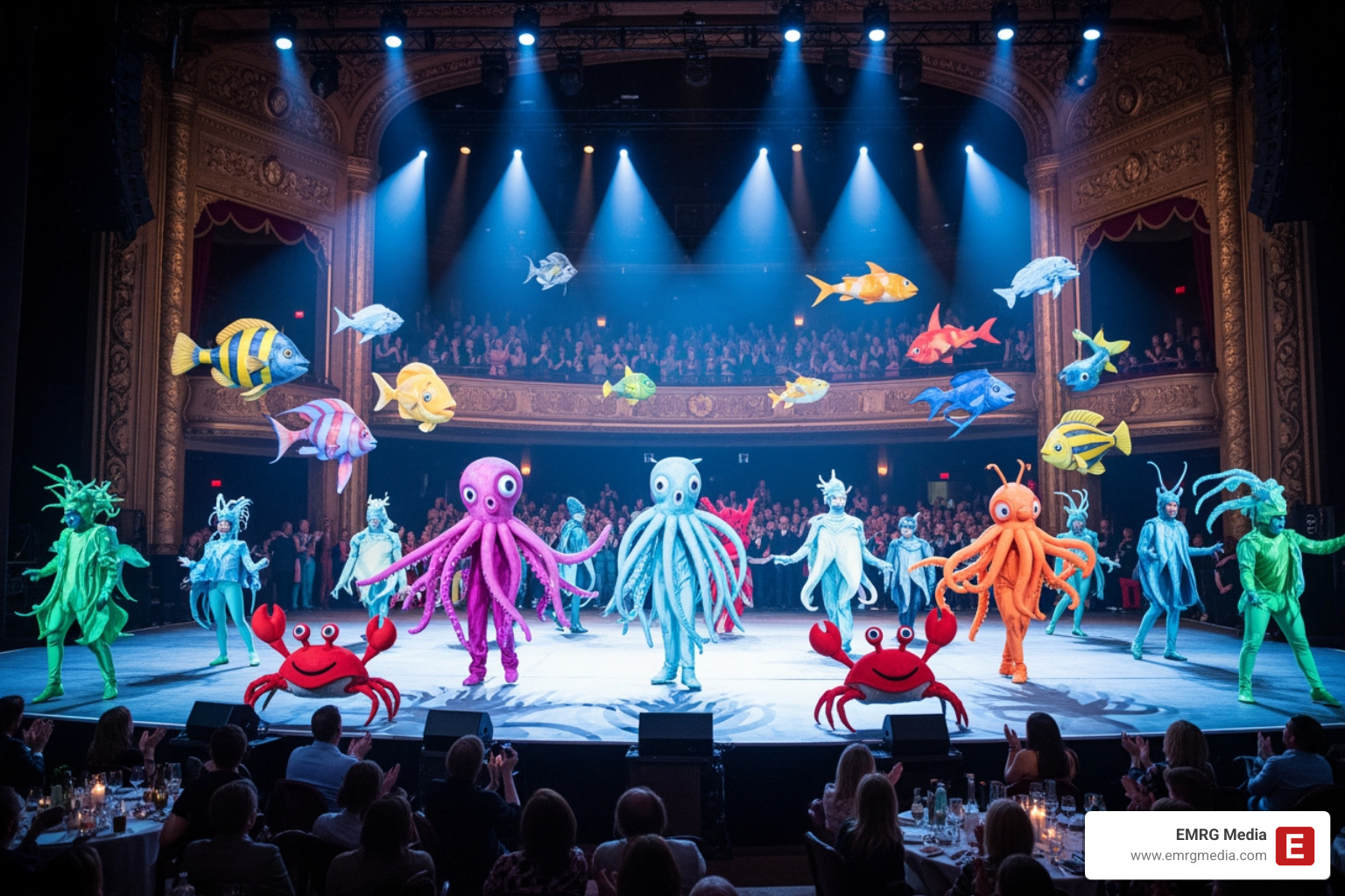 Theatrical event performers in elaborate sea creature costumes at a themed gala - Under the sea