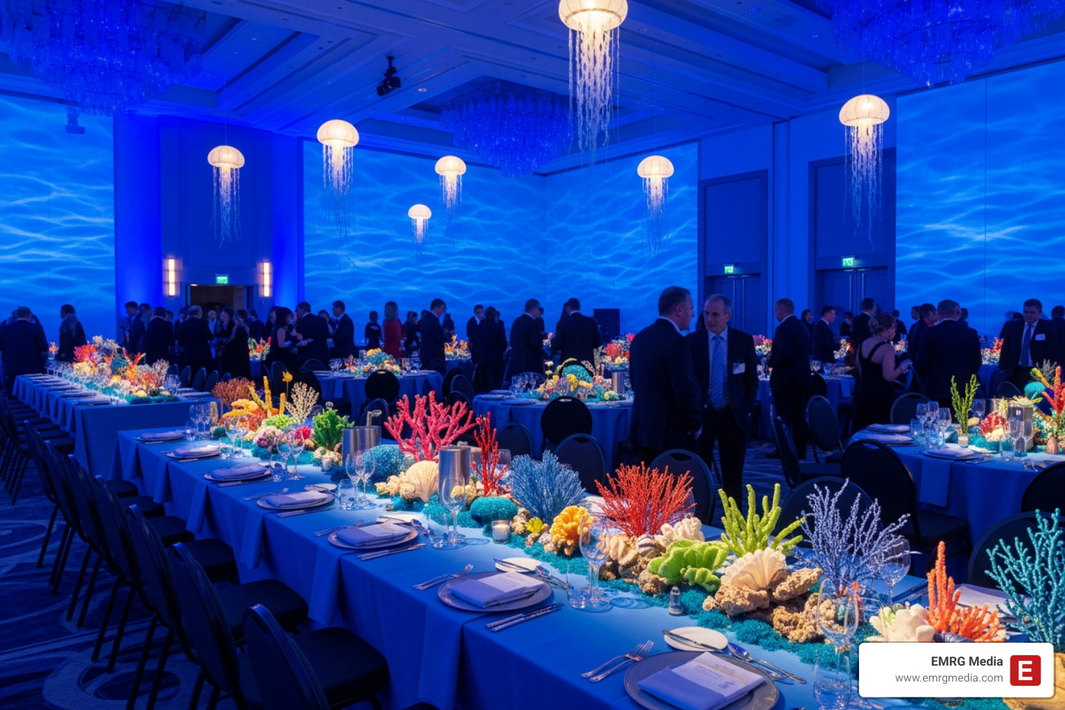 Stunningly decorated blue-lit ballroom with ocean-themed centerpieces and jellyfish lanterns - Under the sea