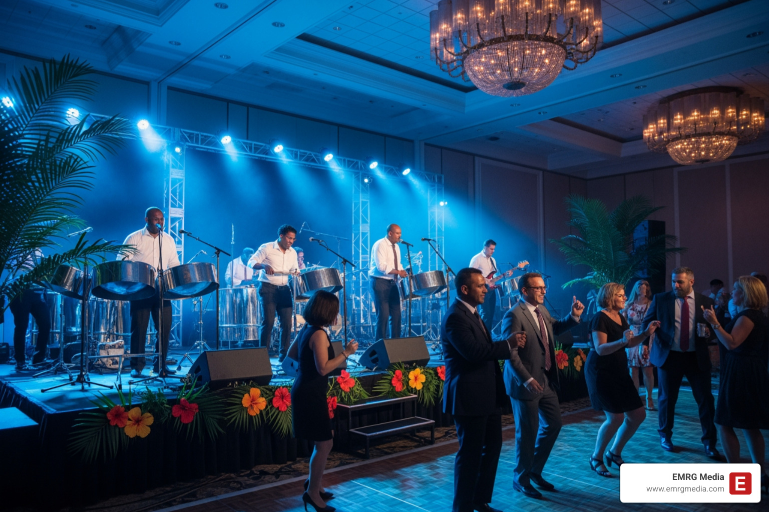 Live band with steel drums performing at a Caribbean-inspired corporate event - Under the sea