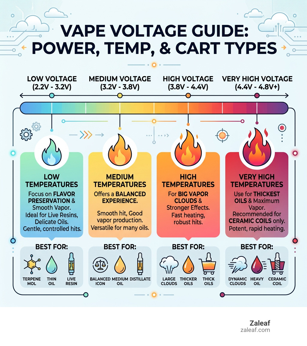 Infographic showing voltage ranges vs temperature effects and recommended settings for different cart types - variable Infographic showing voltage ranges vs temperature effects and recommended settings for different cart types - variable