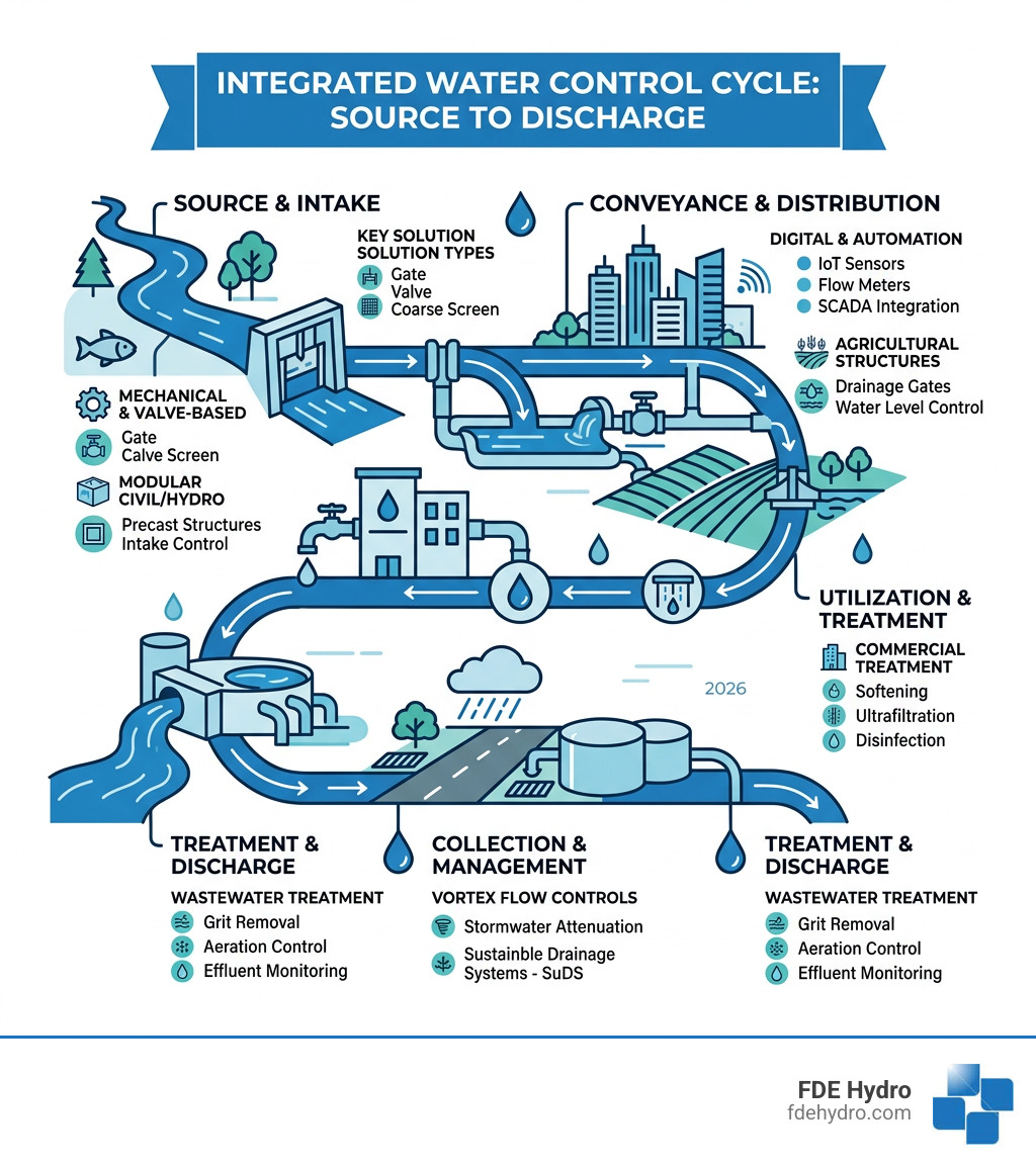 Integrated water control cycle from source to discharge with key solution types - Water control solutions infographic 
