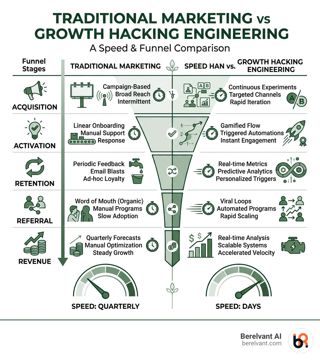 Infographic comparing traditional marketing vs growth hacking engineering across funnel stages and speed - Growth hacking Infographic comparing traditional marketing vs growth hacking engineering across funnel stages and speed - Growth hacking
