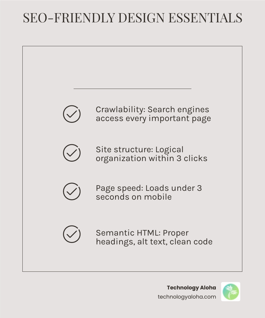 Infographic showing the 8 core elements of SEO friendly website design with icons and brief descriptions - seo friendly