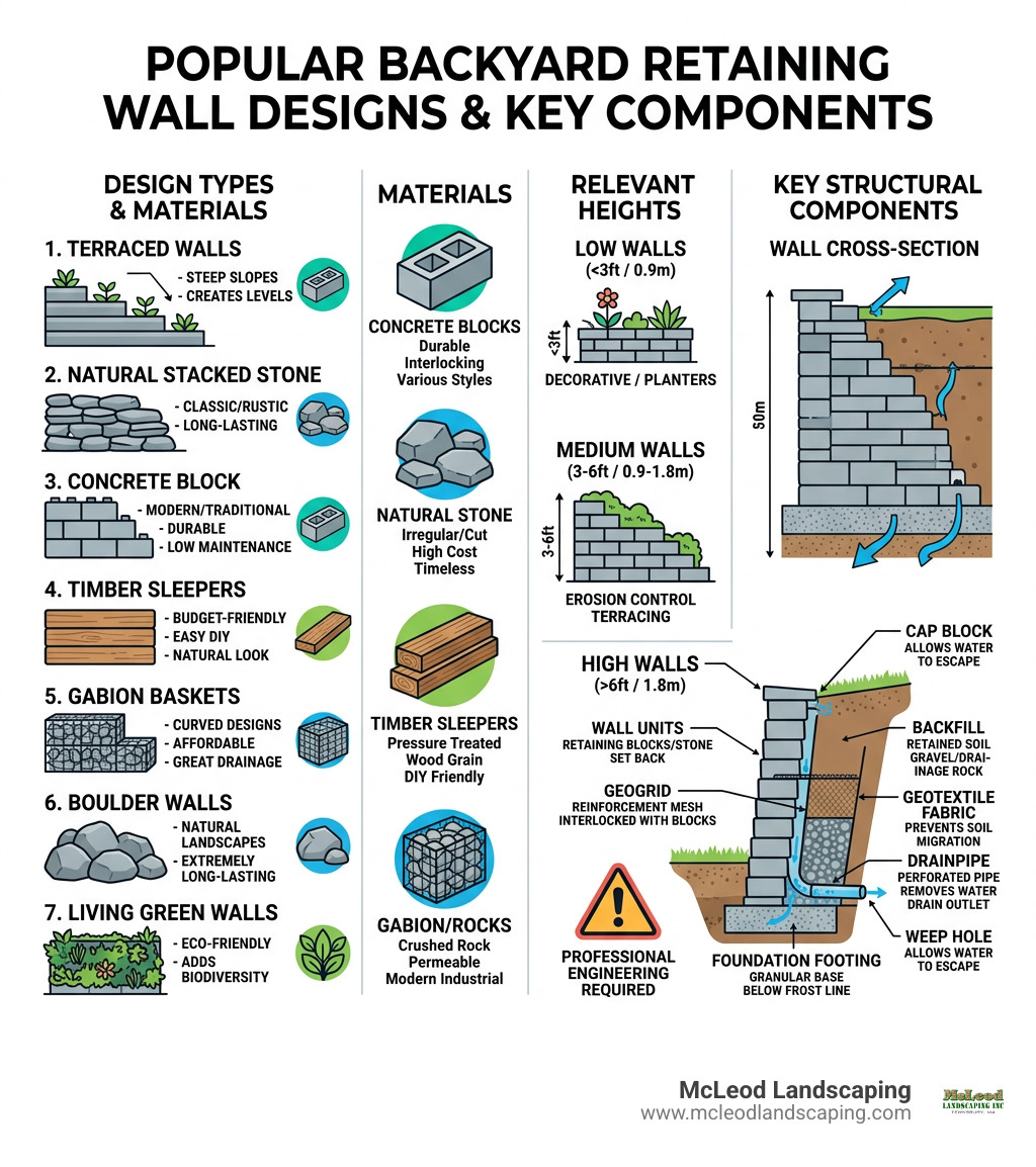 Infographic showing popular backyard retaining wall design types, materials, heights, and key structural components Infographic showing popular backyard retaining wall design types, materials, heights, and key structural components