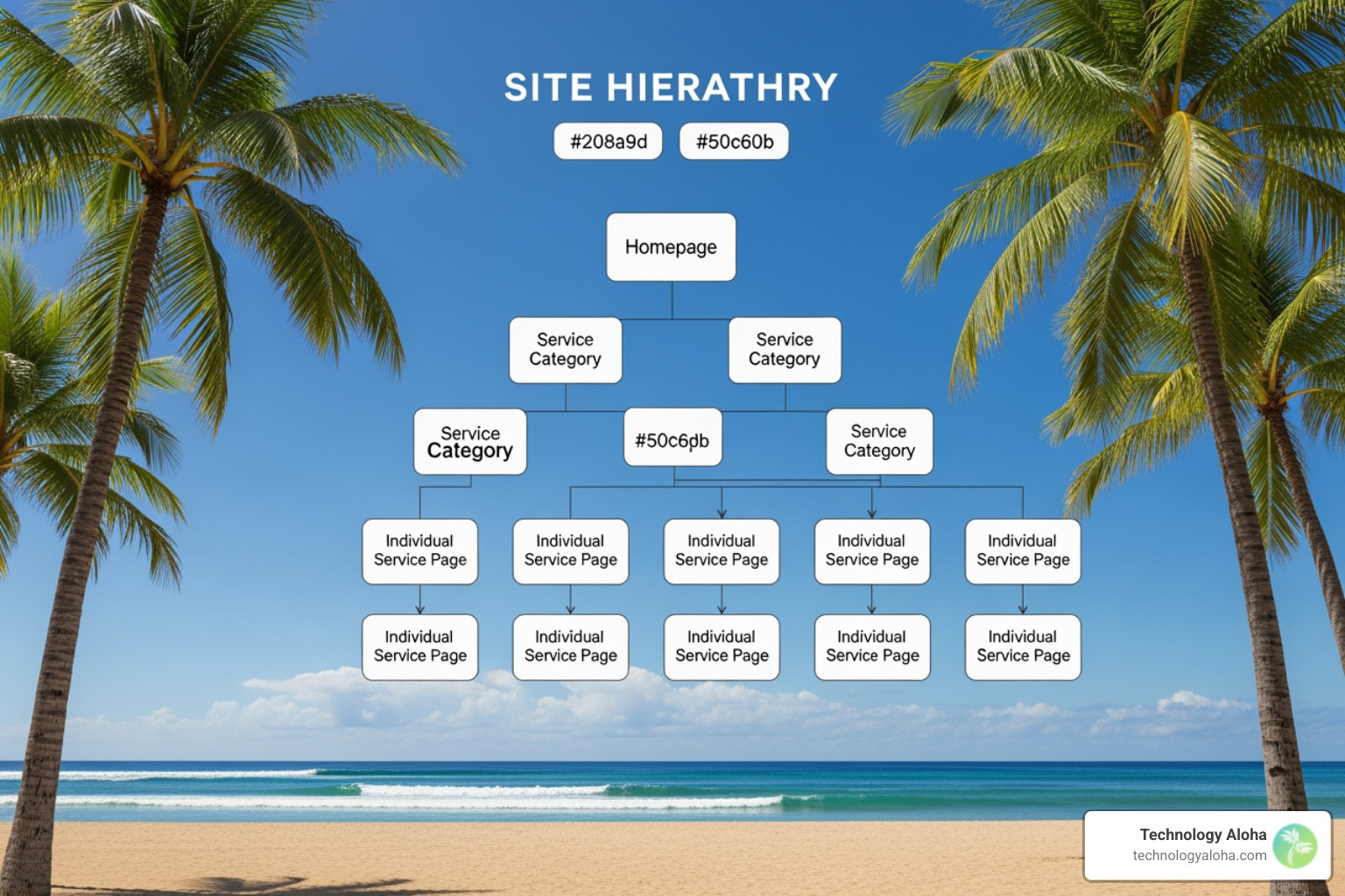 Clean site hierarchy diagram showing homepage, service categories, and individual service pages with beach background - seo