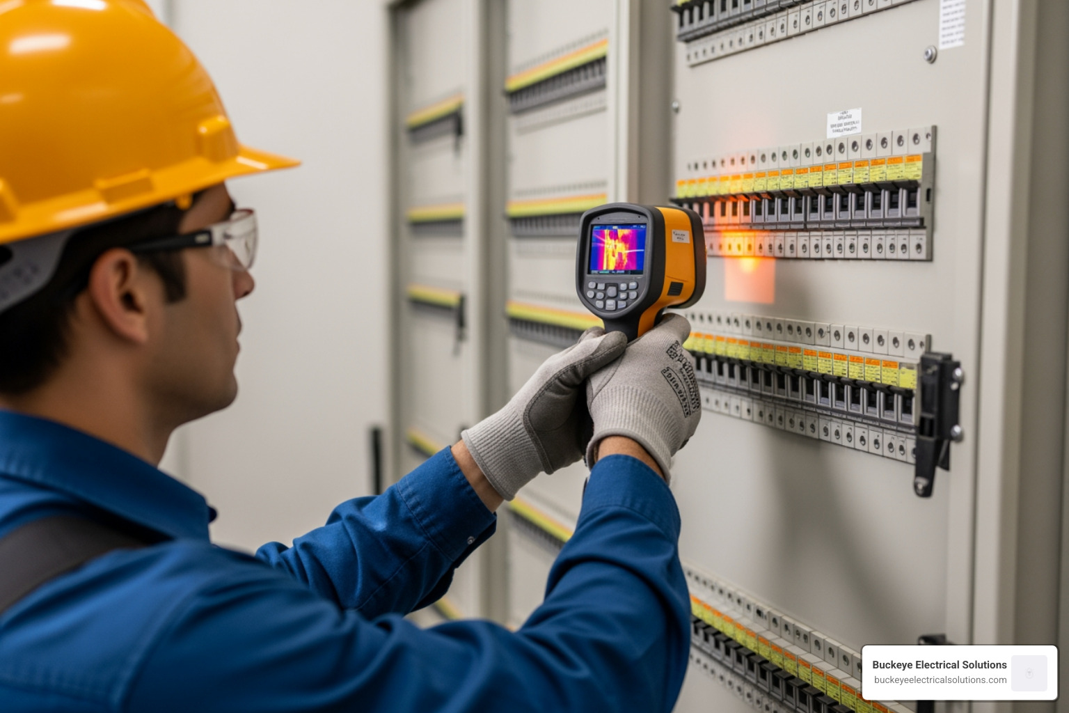Professional electrician performing a thermal inspection on a commercial breaker panel - Commercial electrical system