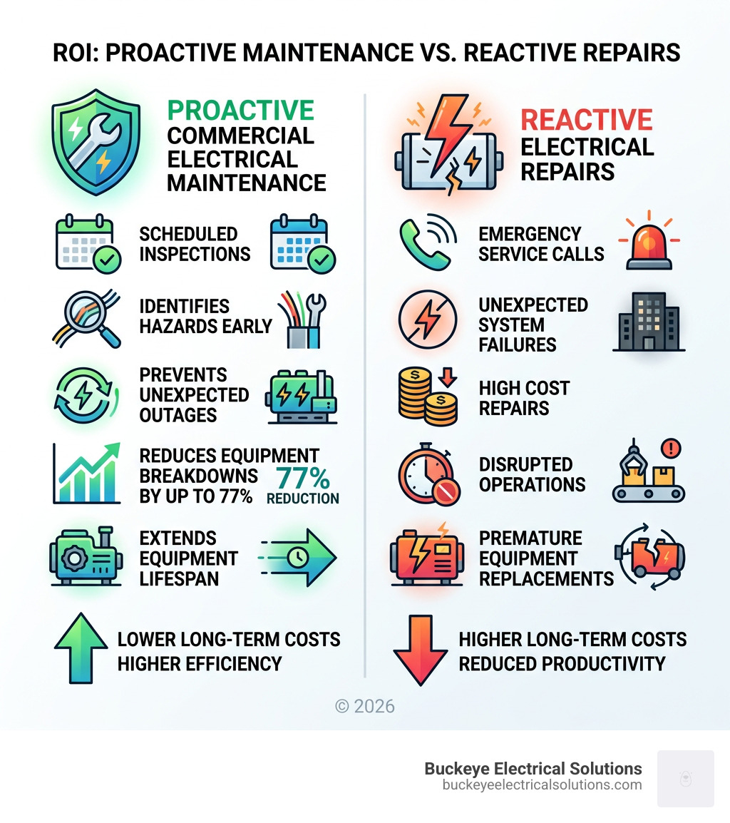 Infographic showing ROI of proactive commercial electrical maintenance vs. reactive repairs - Commercial electrical system