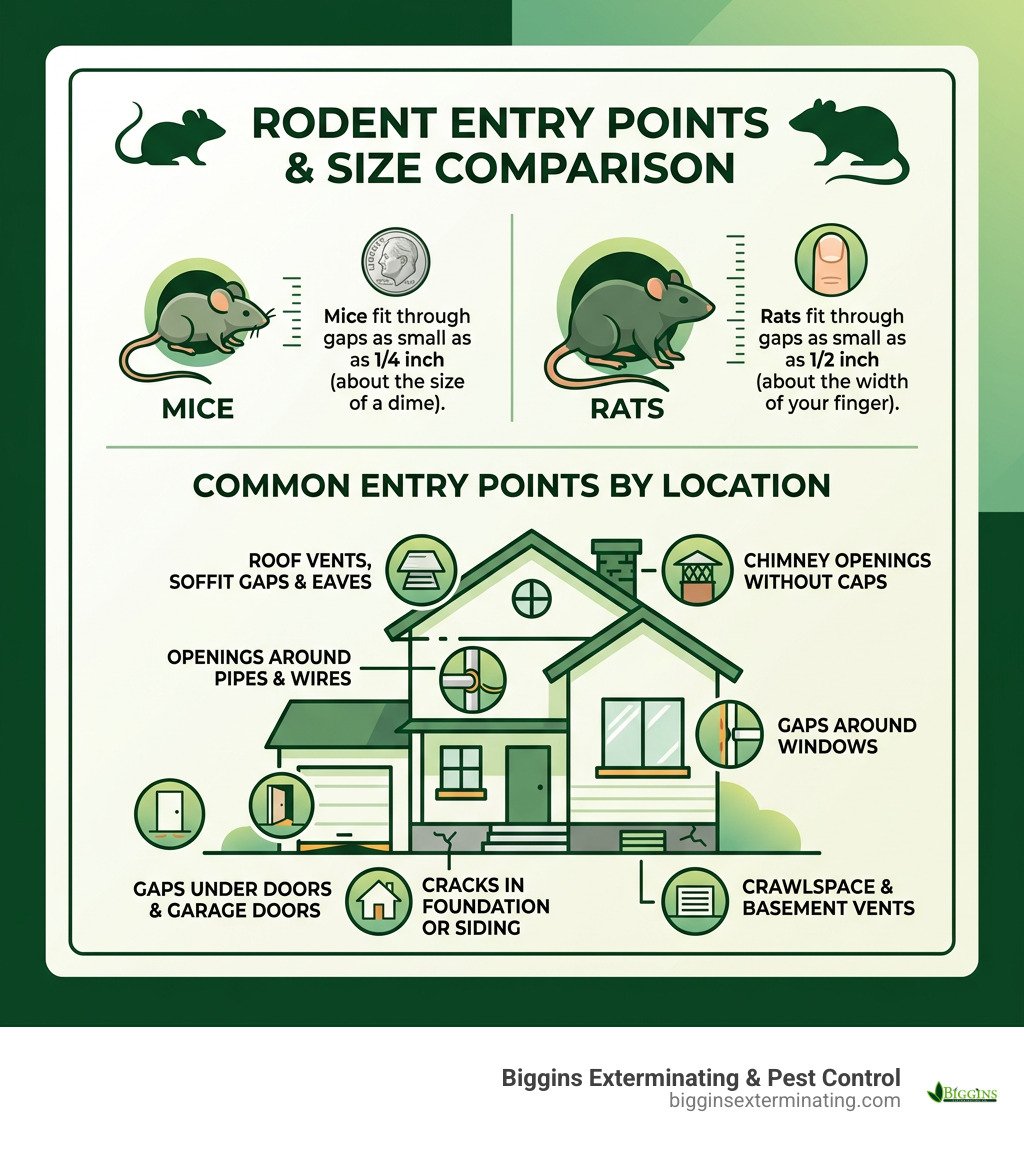 Infographic: mice fit through 1/4-inch gaps, rats through 1/2-inch; common entry points listed by location - Rodent entry