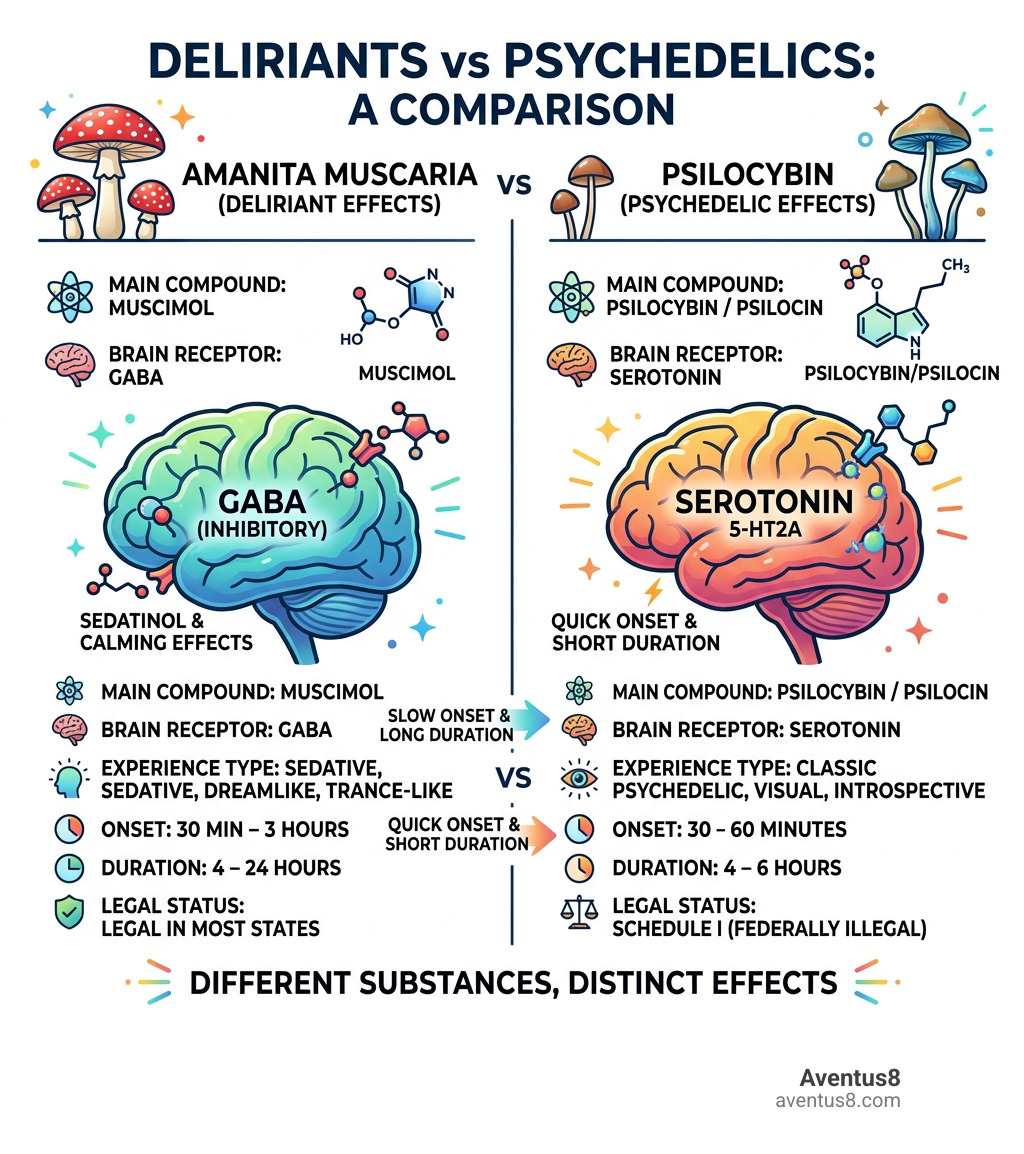 Infographic comparing deliriants vs psychedelics: Amanita muscaria GABA effects vs psilocybin serotonin effects - amanita