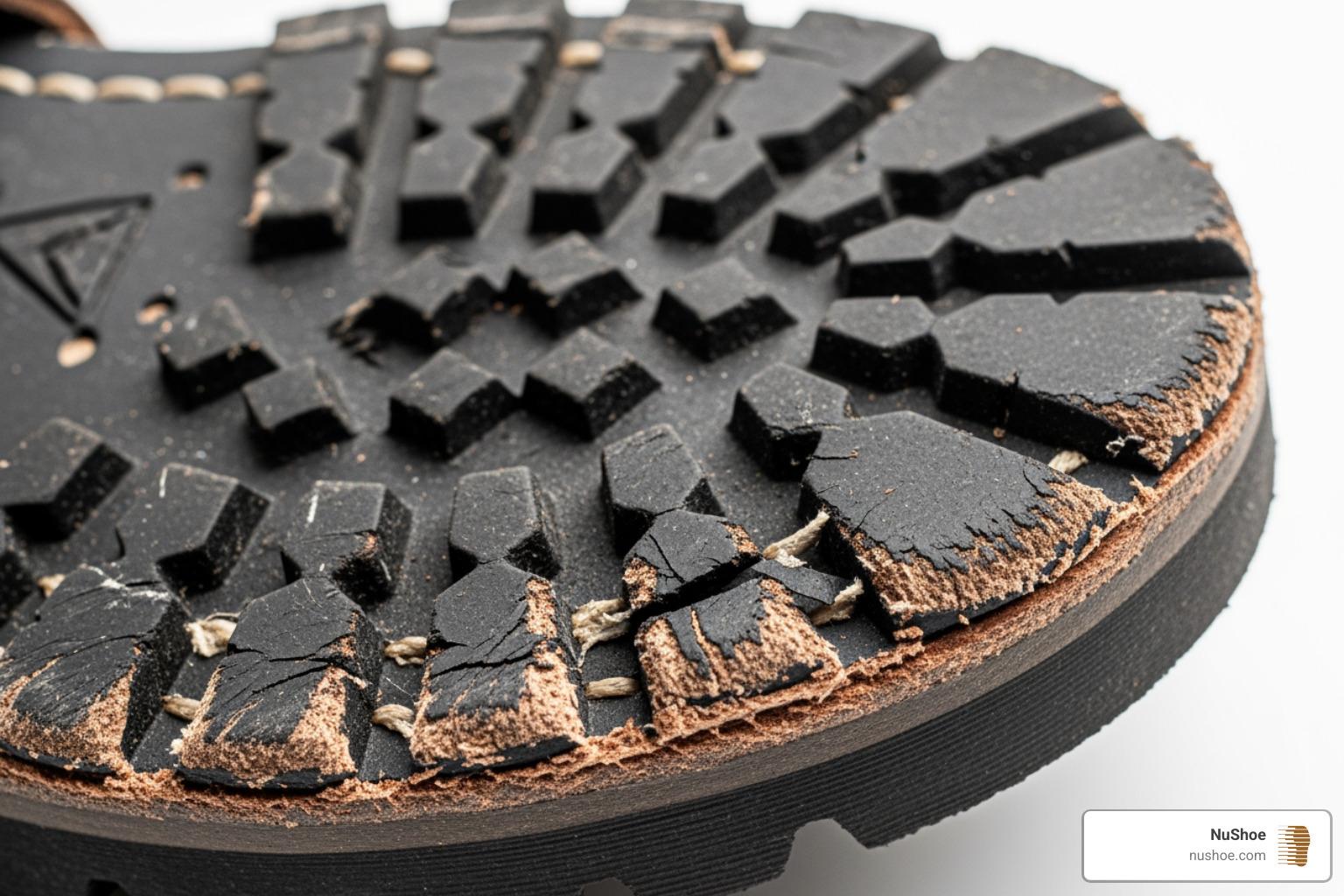 Close-up of a damaged boot outsole with exposed welt and worn tread - boots soles replacement