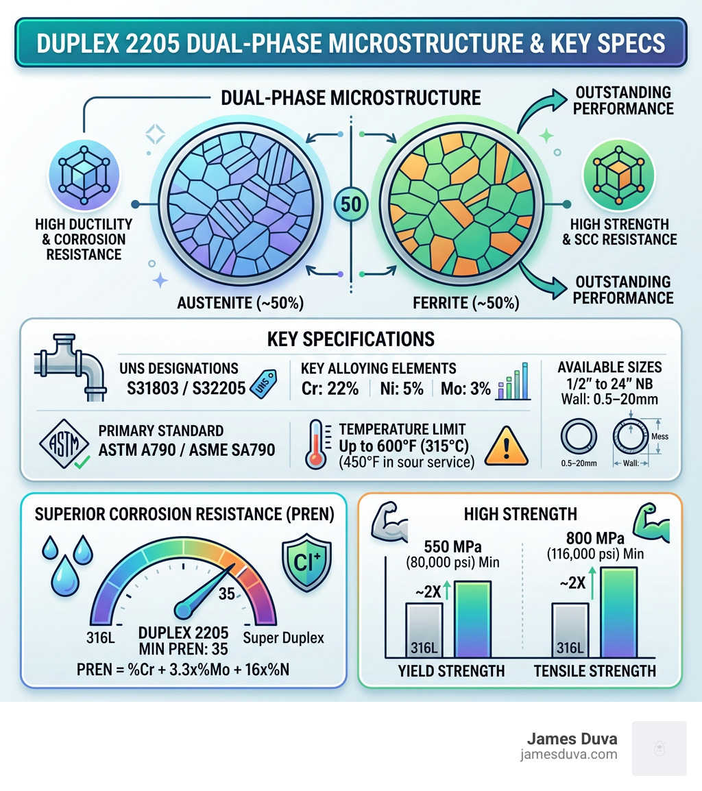Duplex 2205 dual-phase microstructure infographic showing ferritic and austenitic phases, PREN, strength, and key specs Duplex 2205 dual-phase microstructure infographic showing ferritic and austenitic phases, PREN, strength, and key specs