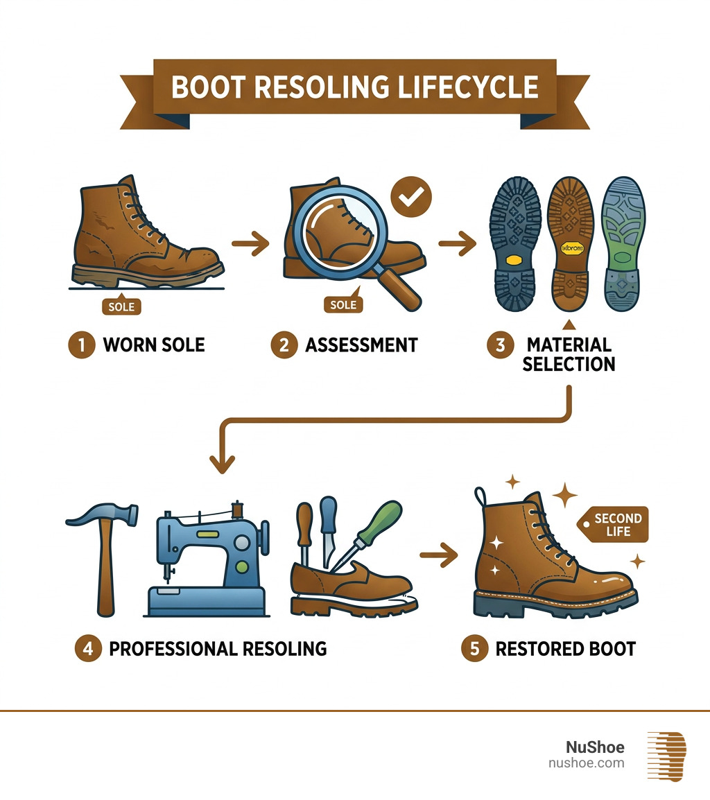 Boot resoling lifecycle infographic showing worn sole, assessment, material selection, professional resoling, and restored