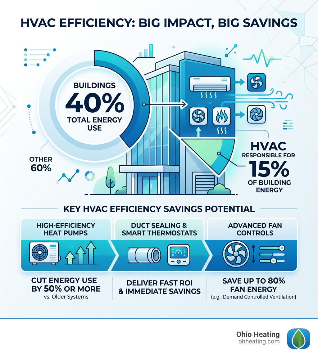 Infographic showing buildings use 40% of energy with HVAC responsible for 15% and key efficiency savings figures - Energy