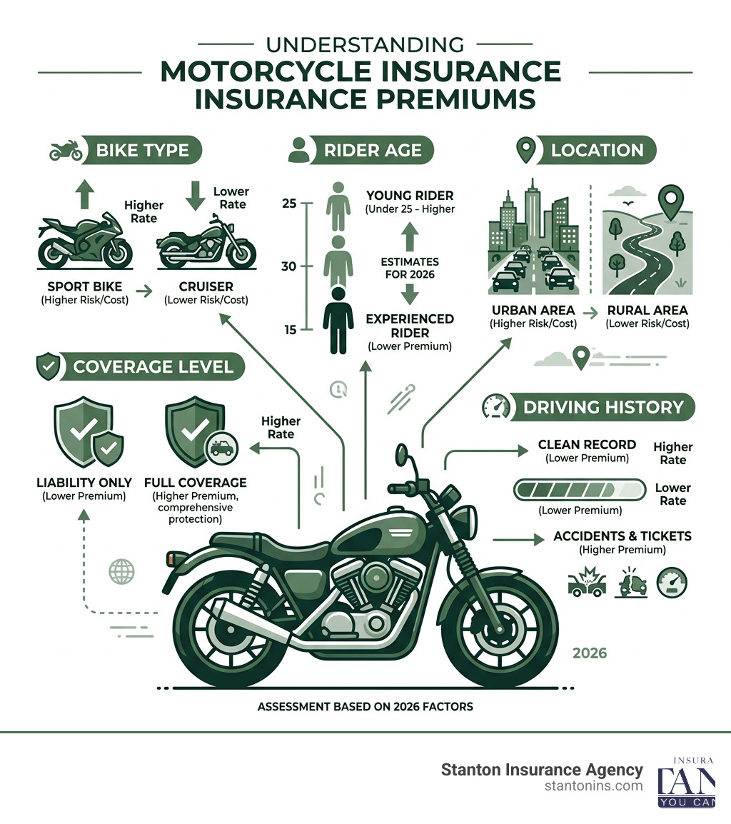 Infographic showing components of a motorcycle insurance premium including bike type, rider age, location, coverage level Infographic showing components of a motorcycle insurance premium including bike type, rider age, location, coverage level