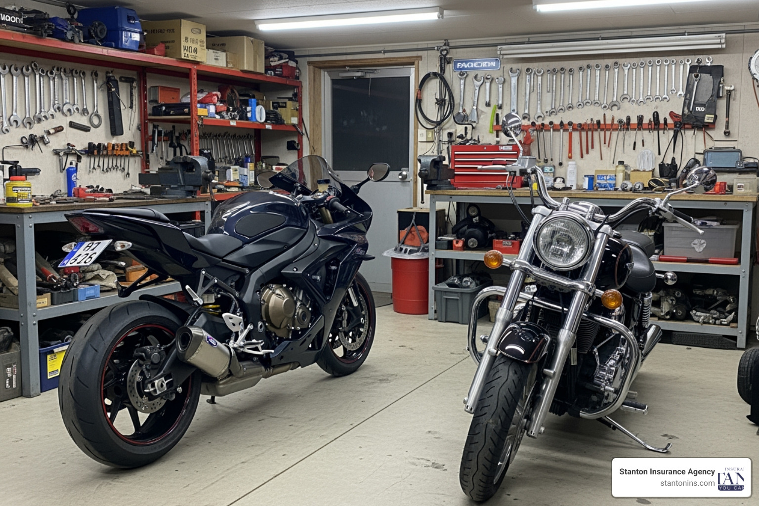 A high-performance sport bike parked next to a classic cruiser in a garage - average motorcycle insurance rate A high-performance sport bike parked next to a classic cruiser in a garage - average motorcycle insurance rate