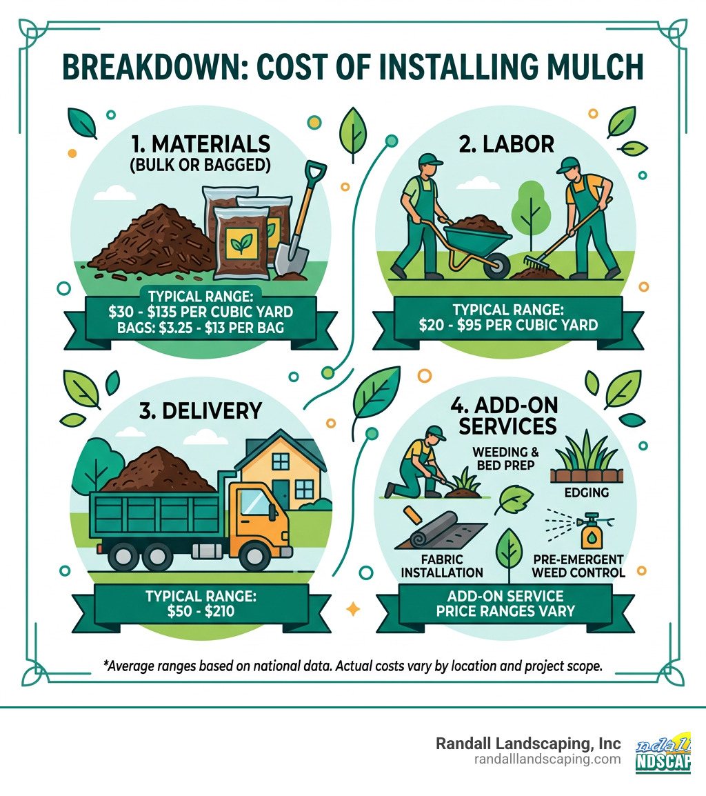 Infographic showing mulch cost breakdown: materials, labor, delivery, and add-on services with average price ranges - cost