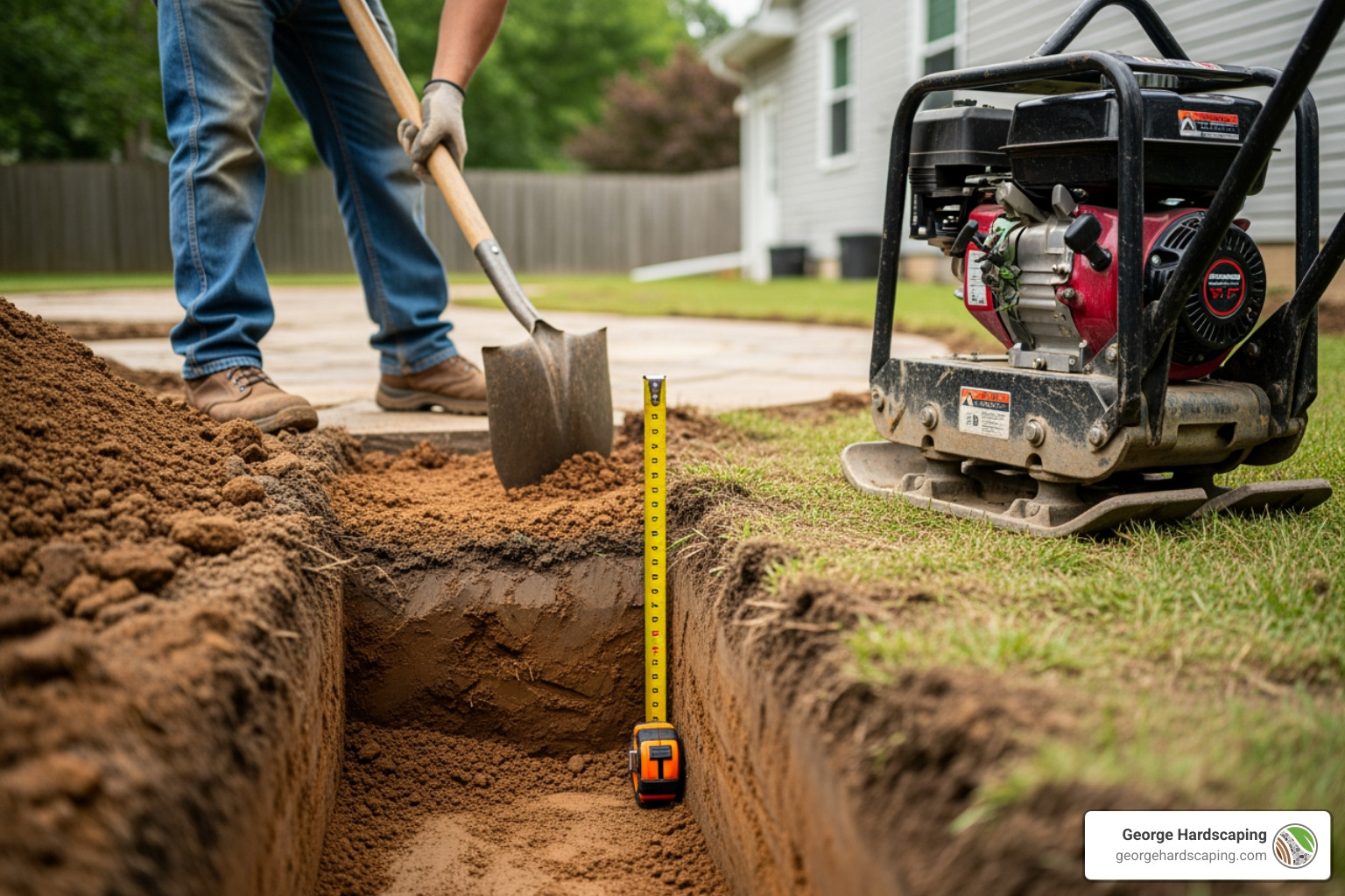 Excavation process for a walkway showing proper depth and soil compaction - flagstone walkway installation