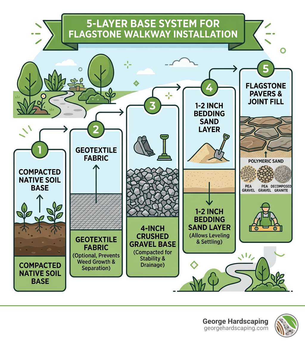 Infographic showing the 5-layer base system for flagstone walkway installation with gravel, sand, and stone - flagstone