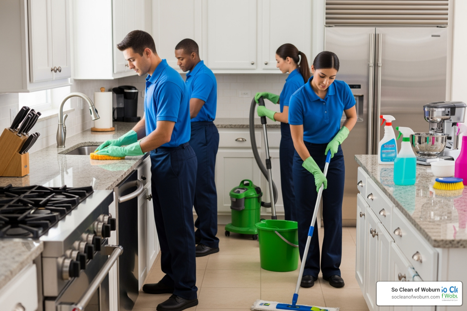 A professional cleaning team in uniform working in a modern kitchen - insured house cleaners A professional cleaning team in uniform working in a modern kitchen - insured house cleaners