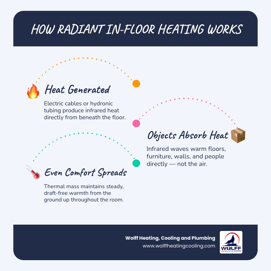 Infographic showing how radiant in-floor heating warms objects and people directly from the floor up - affordable radiant Infographic showing how radiant in-floor heating warms objects and people directly from the floor up - affordable radiant