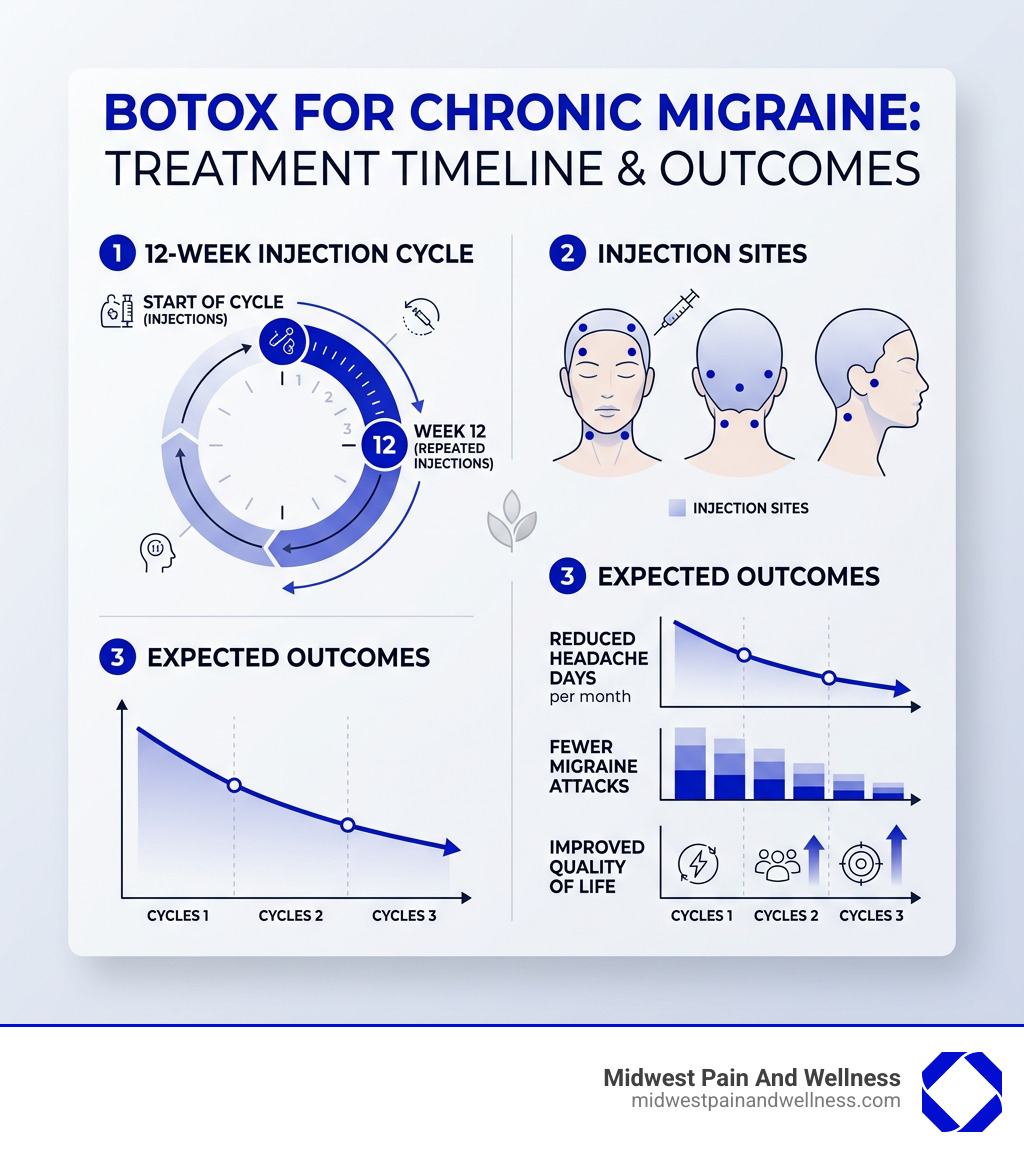 Botox for chronic migraine treatment timeline infographic showing 12-week cycle, injection sites, and expected outcomes Botox for chronic migraine treatment timeline infographic showing 12-week cycle, injection sites, and expected outcomes