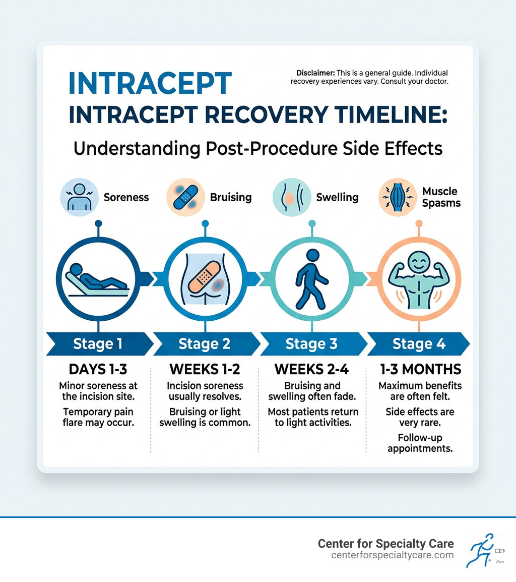 Intracept recovery timeline infographic showing side effects from day 1 through 3 months post-procedure - intracept