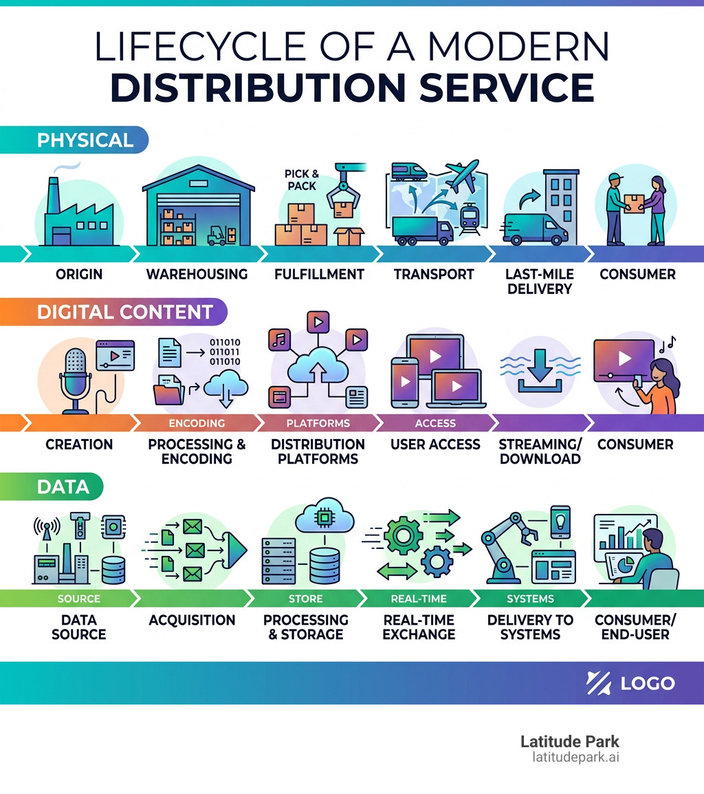 Lifecycle of a distribution service from origin to consumer — physical, digital, and data types - distribution service