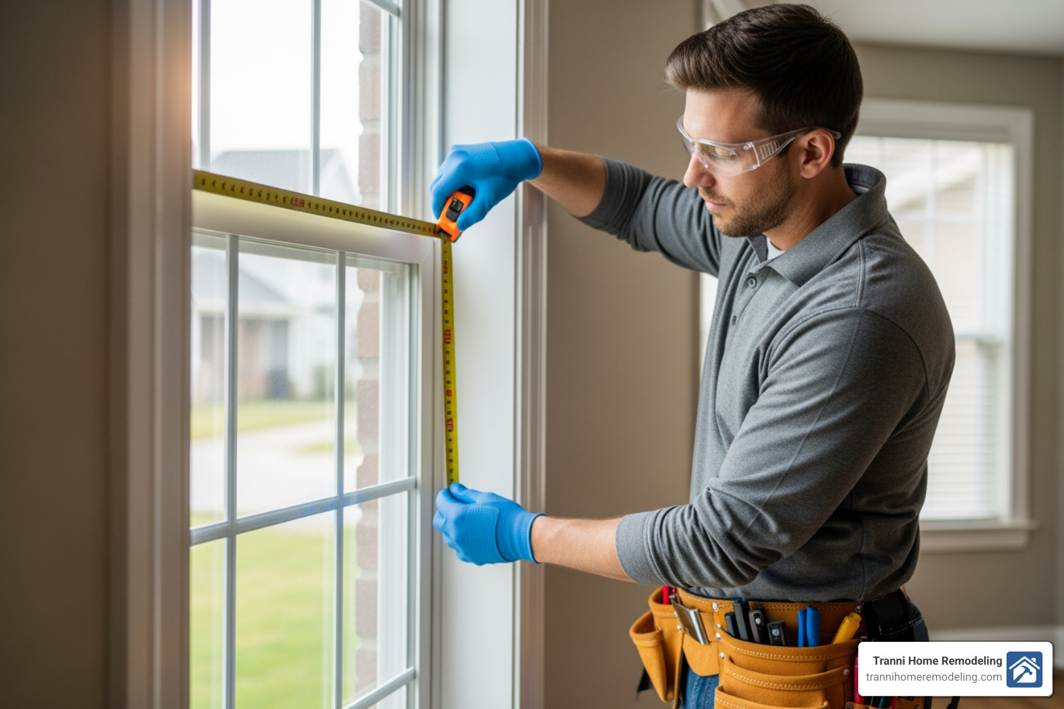 professional installer measuring a window frame - Expert window installation services