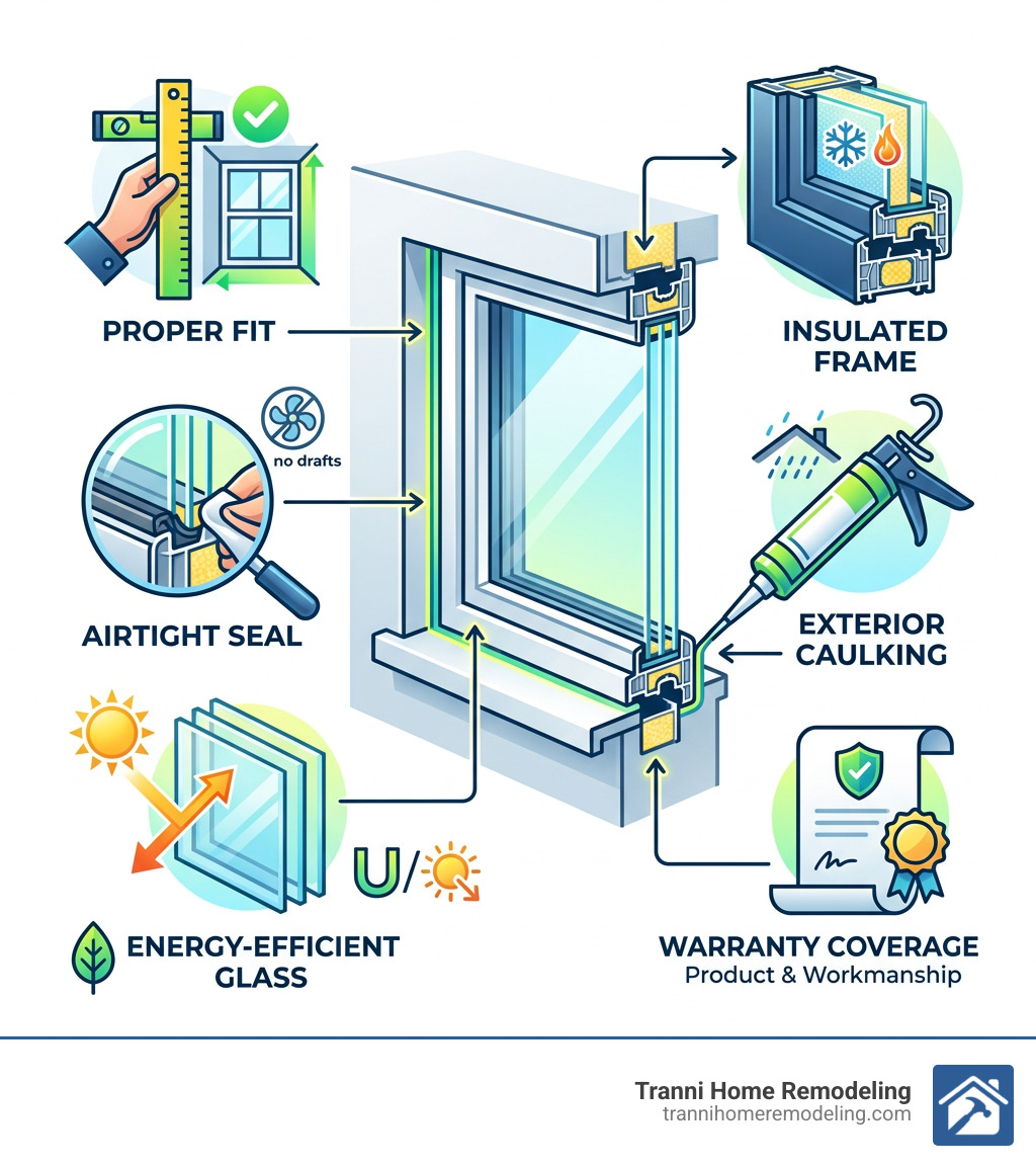Infographic showing components of expert window installation: proper fit, airtight seal, energy-efficient glass, insulated