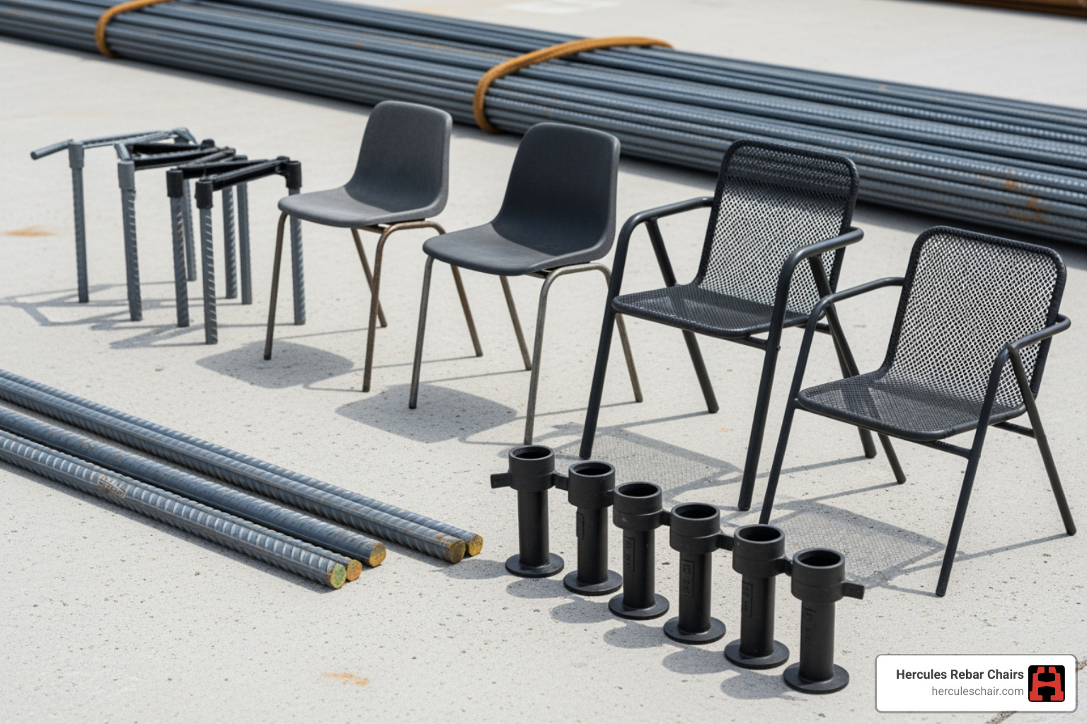 Different types of rebar standoffs including slab bolsters and individual chairs - rebar standoffs