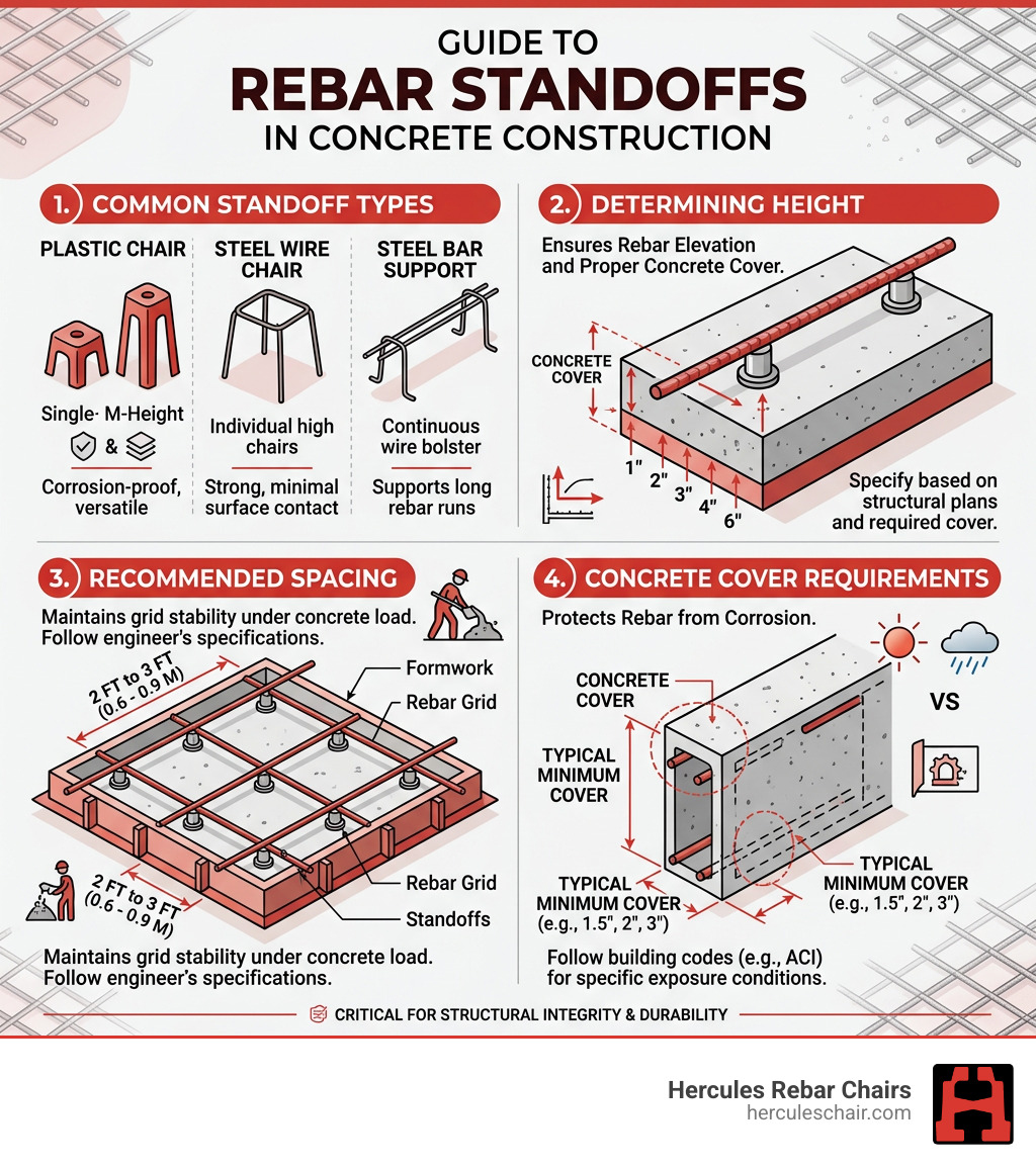Infographic showing rebar standoff types, heights, spacing, and concrete cover requirements - rebar standoffs infographic 
