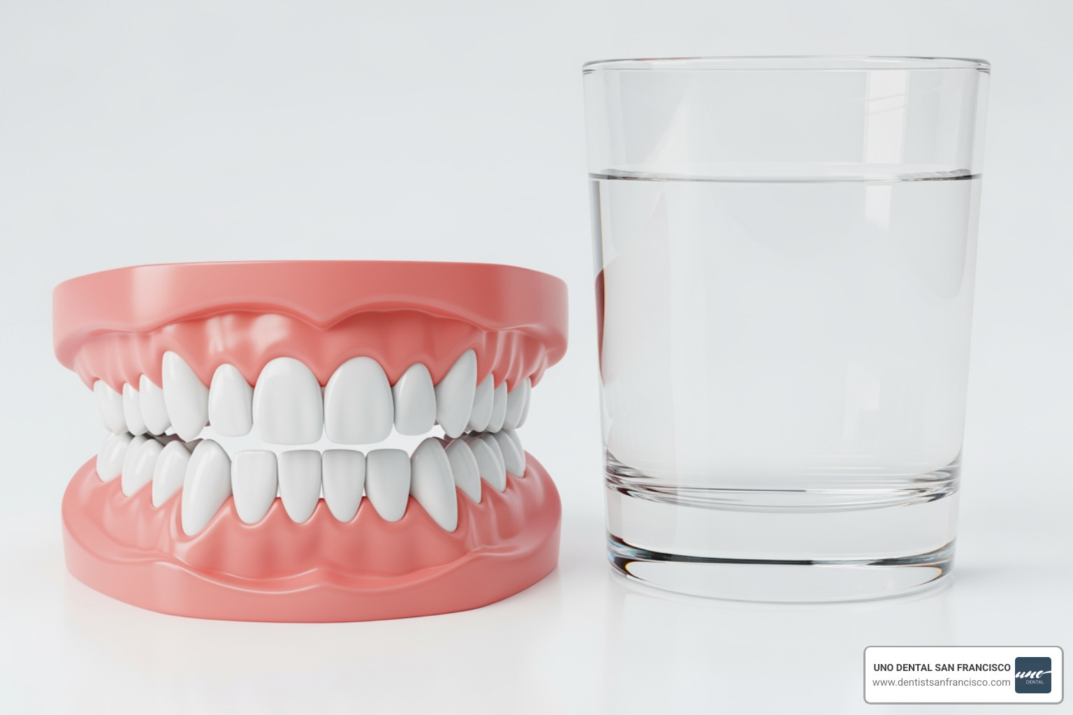 A set of bright white teeth next to a glass of clear water, symbolizing the "white diet" aftercare - 1 hour teeth whitening A set of bright white teeth next to a glass of clear water, symbolizing the "white diet" aftercare - 1 hour teeth whitening