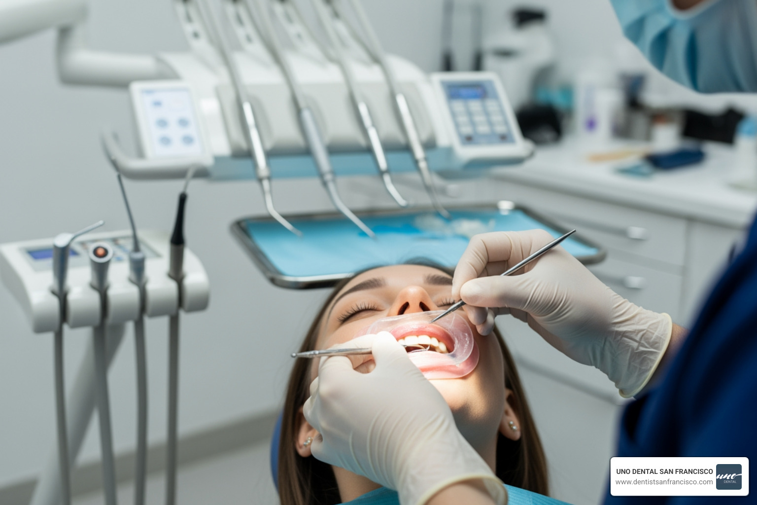 Dentist applying a protective resin barrier to a patient's gums to prevent irritation from whitening gel - 1 hour teeth Dentist applying a protective resin barrier to a patient's gums to prevent irritation from whitening gel - 1 hour teeth