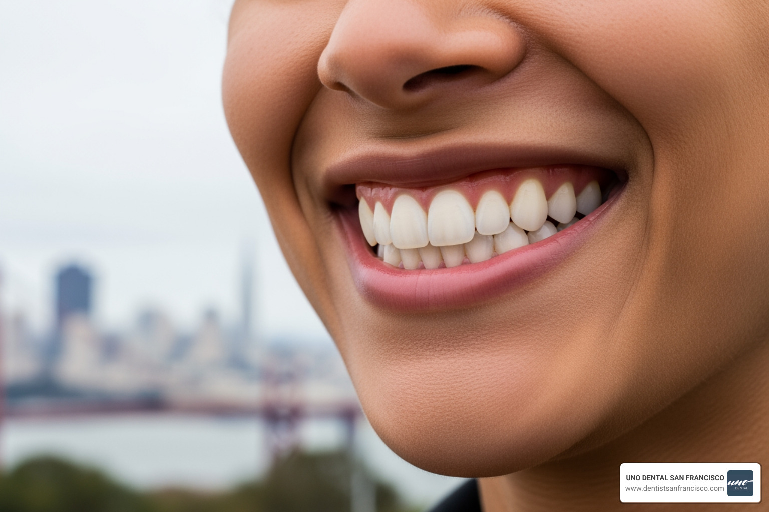 A healthy smile in San Francisco showing firm pink gums - gum disease treatment san francisco A healthy smile in San Francisco showing firm pink gums - gum disease treatment san francisco