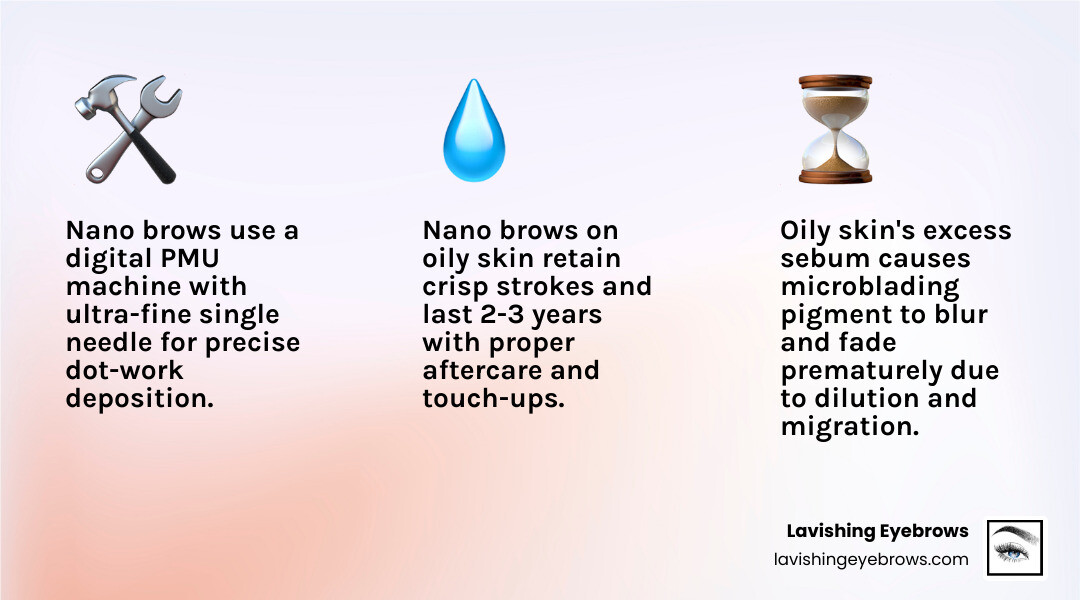 Nano brows vs microblading on oily skin: suitability, longevity, and key differences infographic - nano brows oily skin