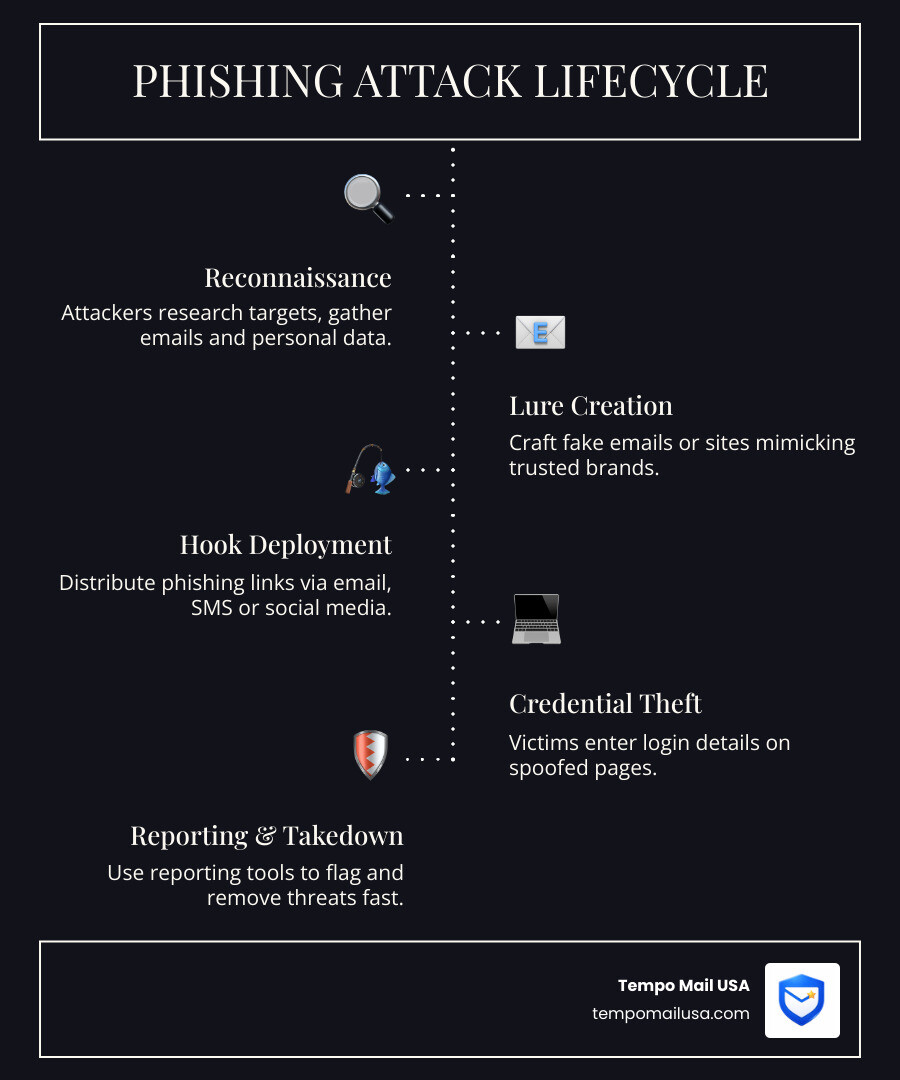 Phishing attack lifecycle infographic showing stages from lure to credential theft to reporting and takedown - phishing Phishing attack lifecycle infographic showing stages from lure to credential theft to reporting and takedown - phishing