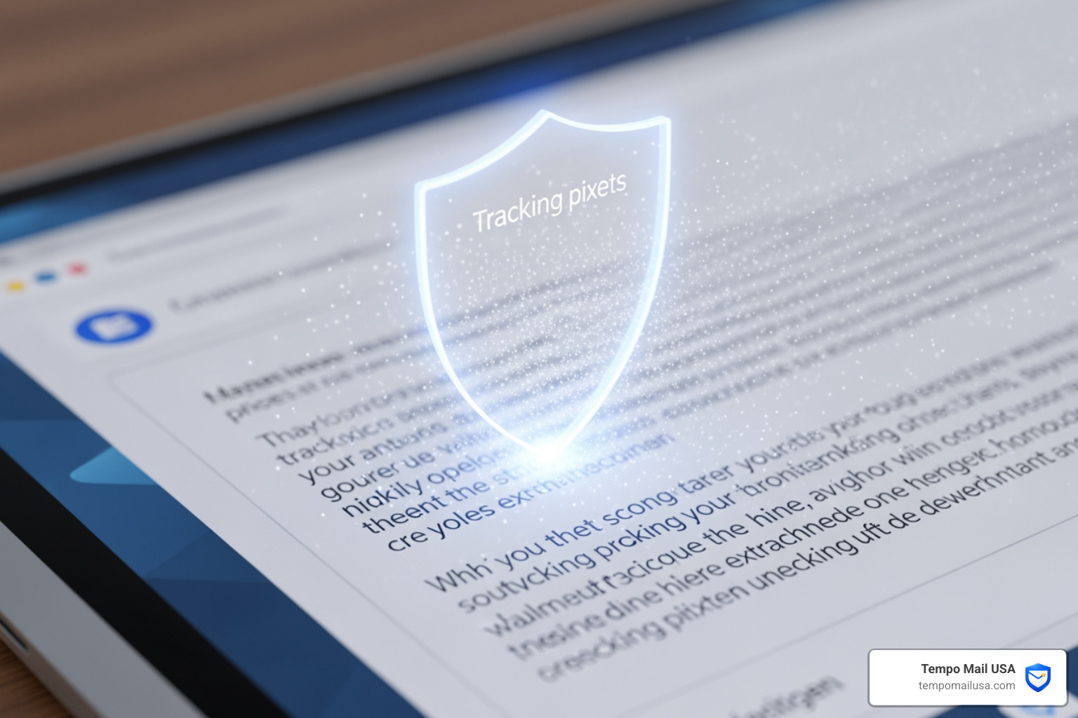 A digital shield blocking invisible tracking pixels in an email message - email privacy tools A digital shield blocking invisible tracking pixels in an email message - email privacy tools