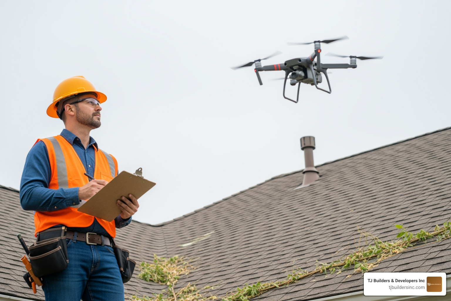 Professional roofing contractor inspecting storm damage with a clipboard and drone - Insurance approved roofers