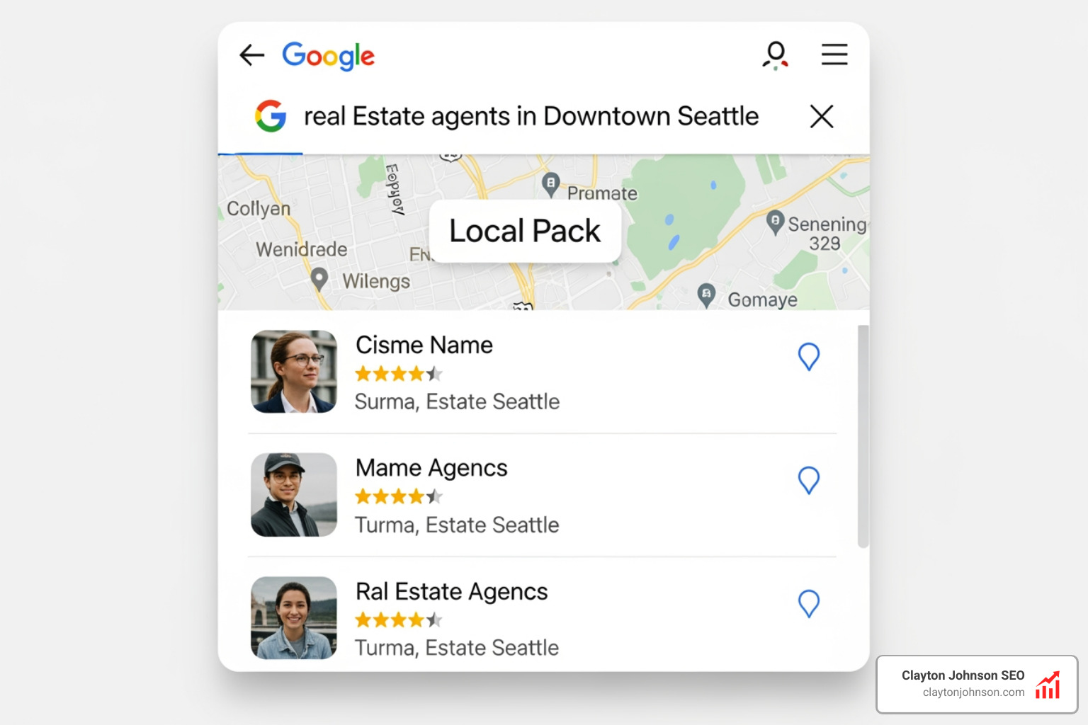 Google Local Pack showing top three real estate agencies in a specific city - Real Estate SEO & Marketing
