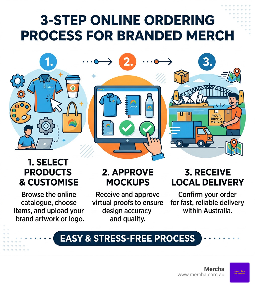 Infographic showing three-step online ordering process for branded merch in Australia - branded merch in Australia