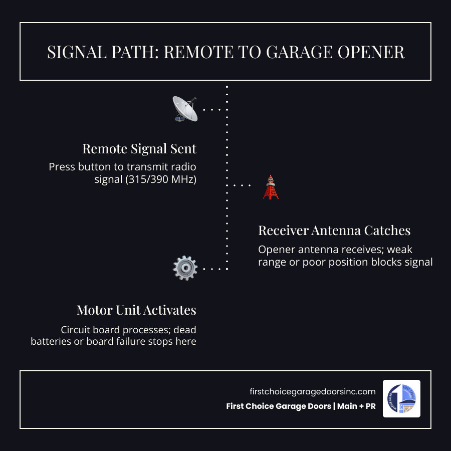 Infographic showing signal path from garage remote to motor unit, common failure points, and when to call a pro - "My remote