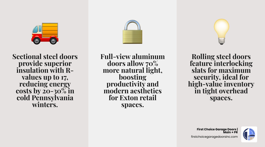 Infographic comparing sectional, rolling, and high-speed commercial garage door types for Exton PA businesses - commercial