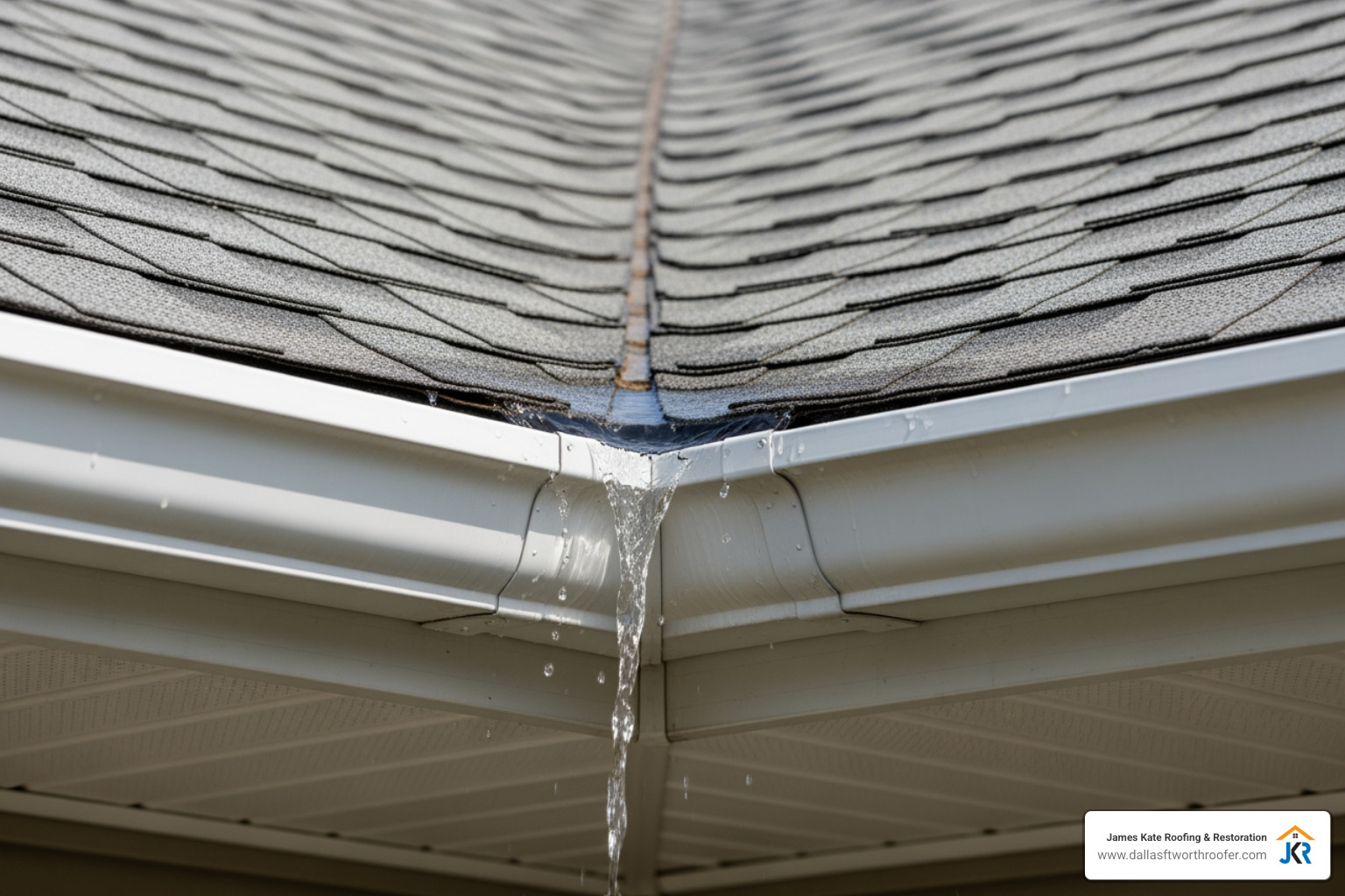 Water shedding off asphalt shingles into a clean, unobstructed seamless gutter - Gutters and roofing Water shedding off asphalt shingles into a clean, unobstructed seamless gutter - Gutters and roofing