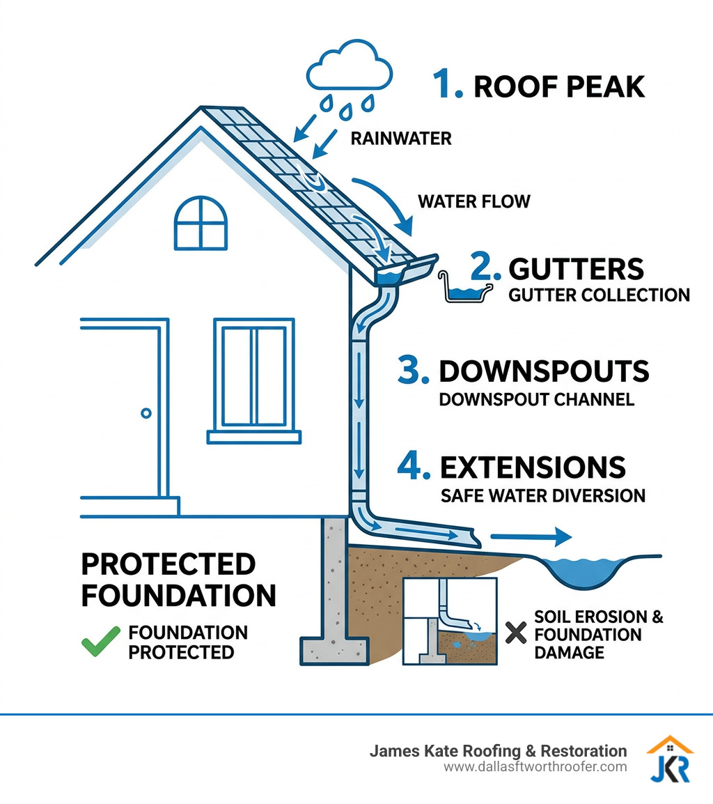 Infographic showing rainwater flow from roof peak through gutters, downspouts, and extensions to protect foundation Infographic showing rainwater flow from roof peak through gutters, downspouts, and extensions to protect foundation
