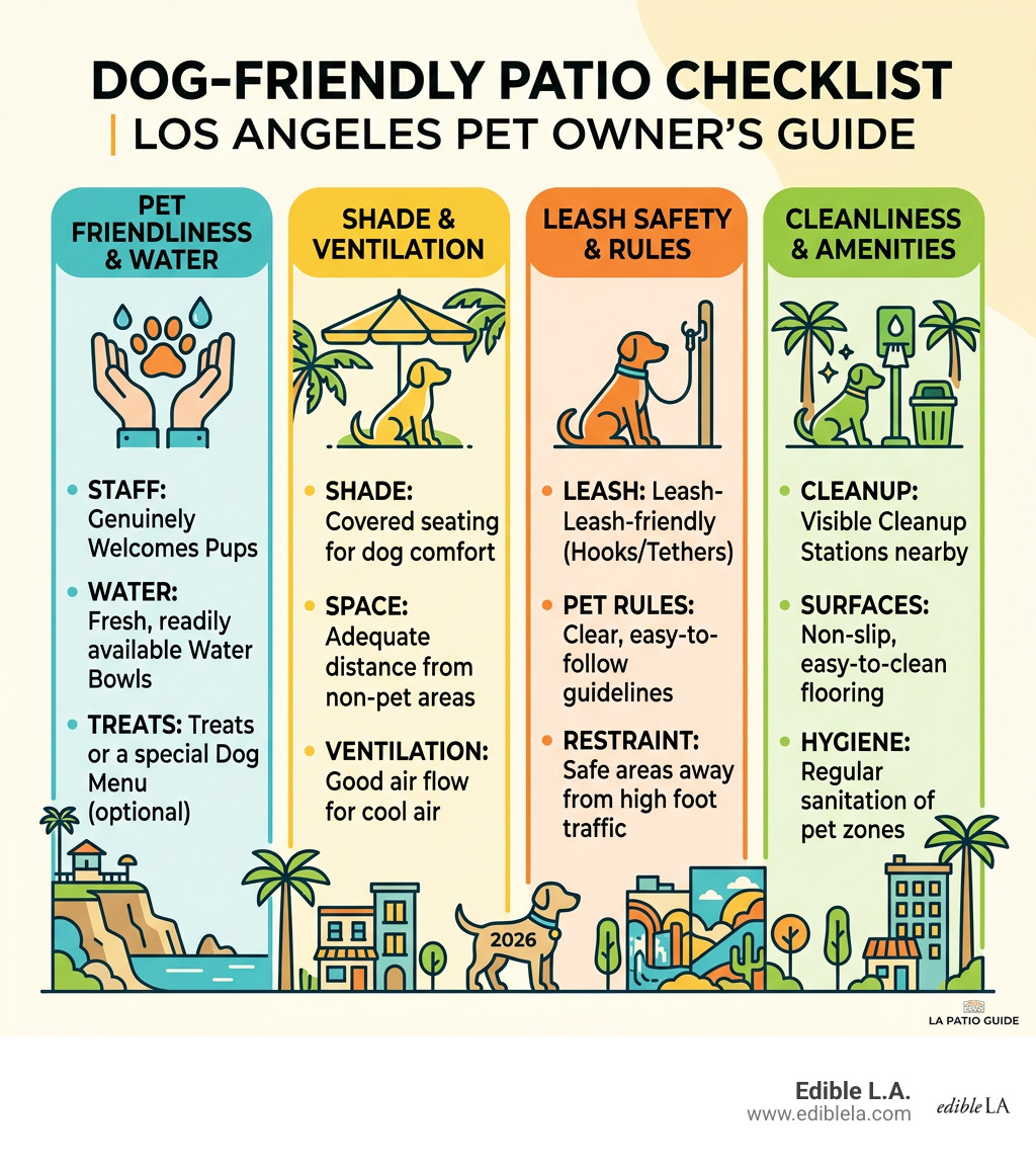 Dog-Friendly Patio Checklist infographic for LA pet owners - Dog friendly patios infographic Dog-Friendly Patio Checklist infographic for LA pet owners - Dog friendly patios infographic