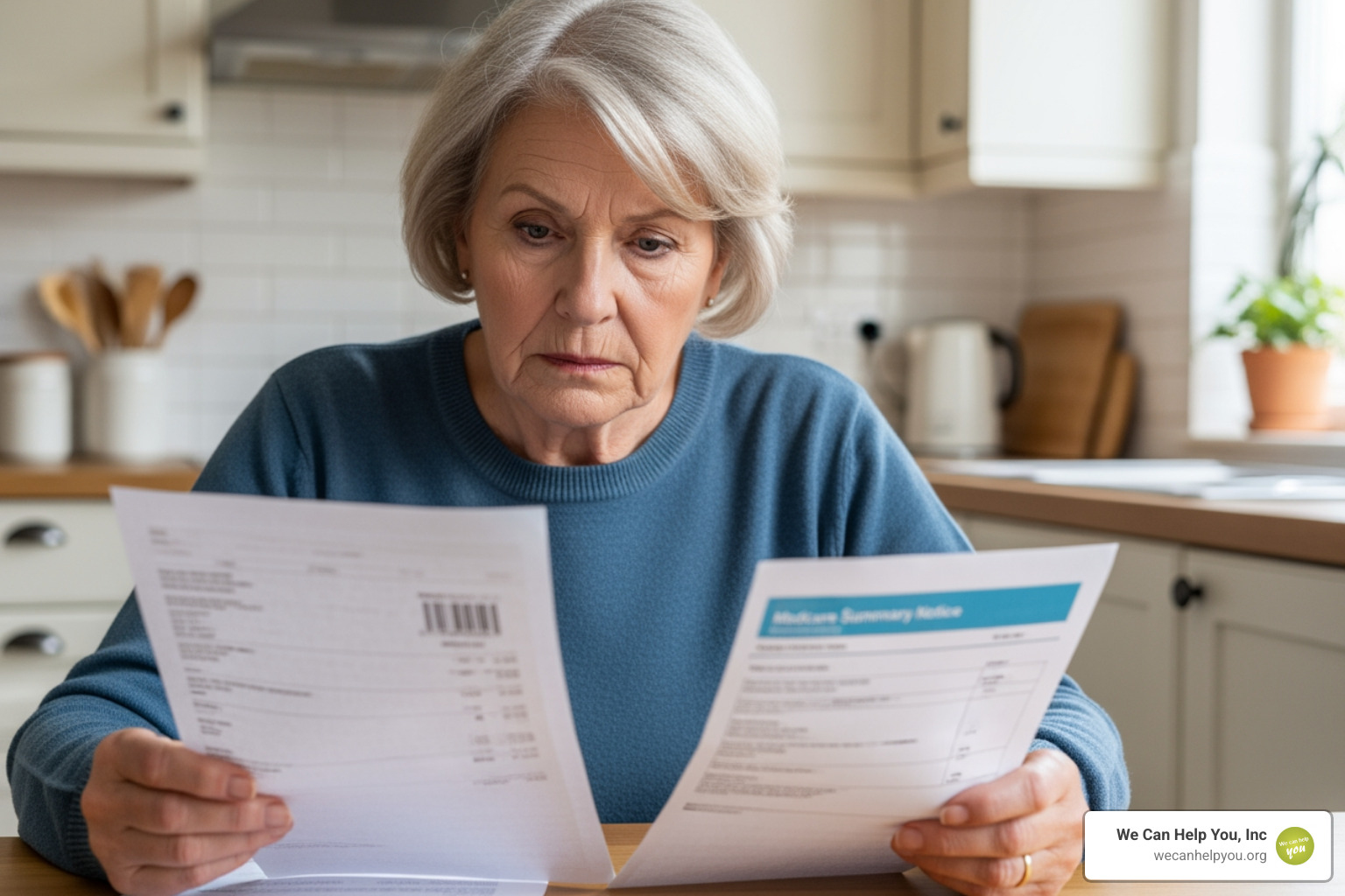 Senior reviewing a medical bill and Medicare Summary Notice - medicare preventative care